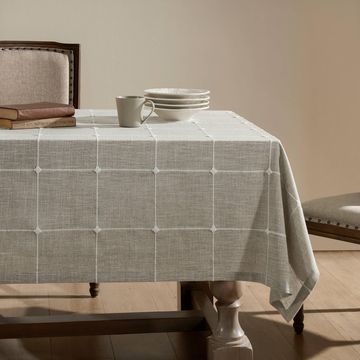 Grid Embroidered Rectangle Hemmed Tablecloths 60x120in, Blue | Heavy Weight Non-sheer Linen Fabric, Mitered Corner Finish, Water Resistant Farmhouse Table Cover, Boho Plaid Home Decor