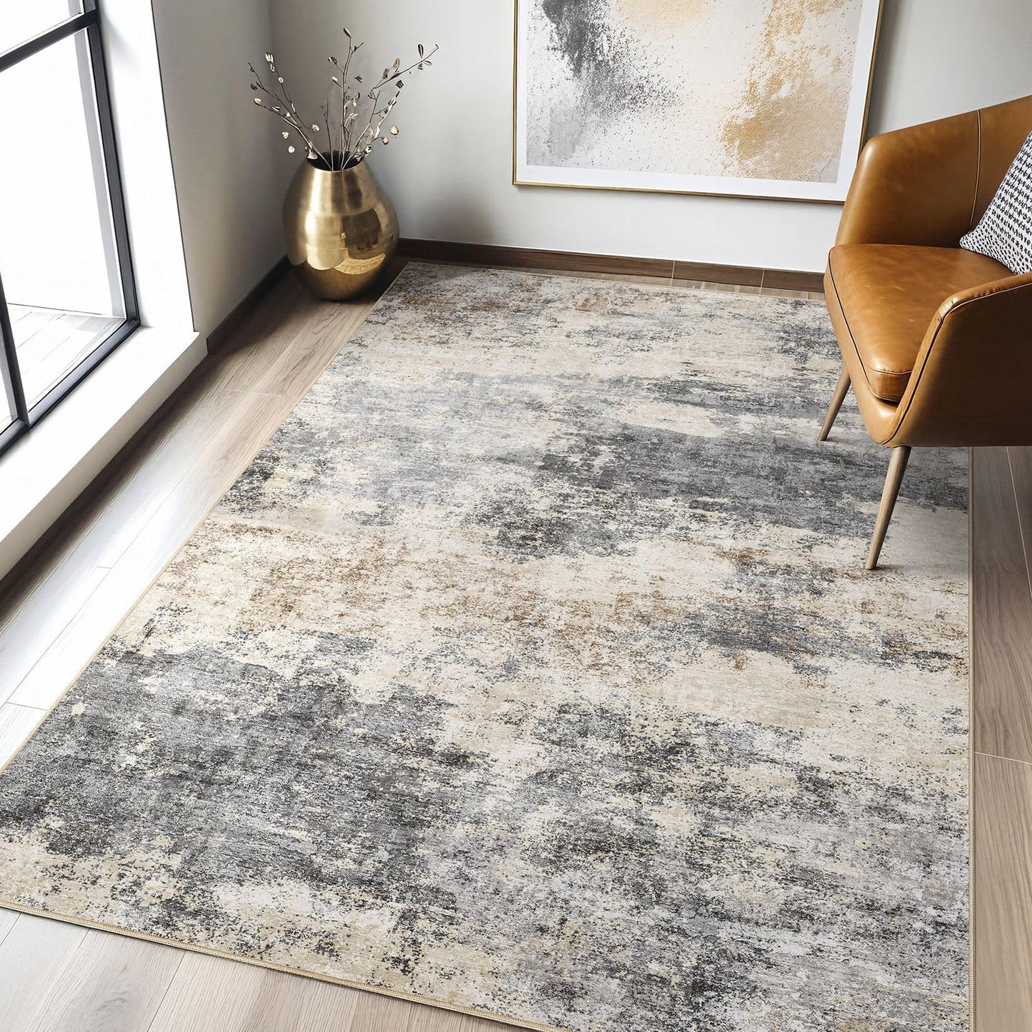 LOONGRUG Area Rug 5x7 Washable Neutral Modern Abstract Living Room Rugs | Soft Stain Resistant Non-Slip Indoor Carpet for Bedroom Nursery Playroom Dining Room Office Dorm Home