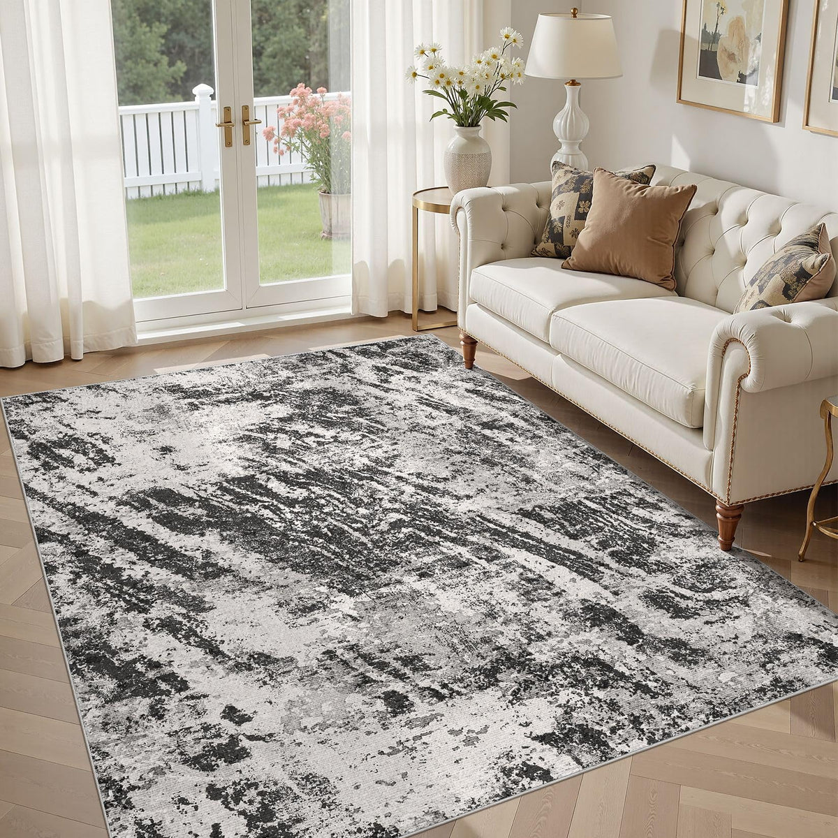 DMOYEST 8x10 Area Rug for Living Room Washable Abstract Indoor Carpet | Neutral Modern Low Pile Rugs Kid & Pet Friendly Large Soft Thin Carpet for Bedroom Dining Room - Grey Blue