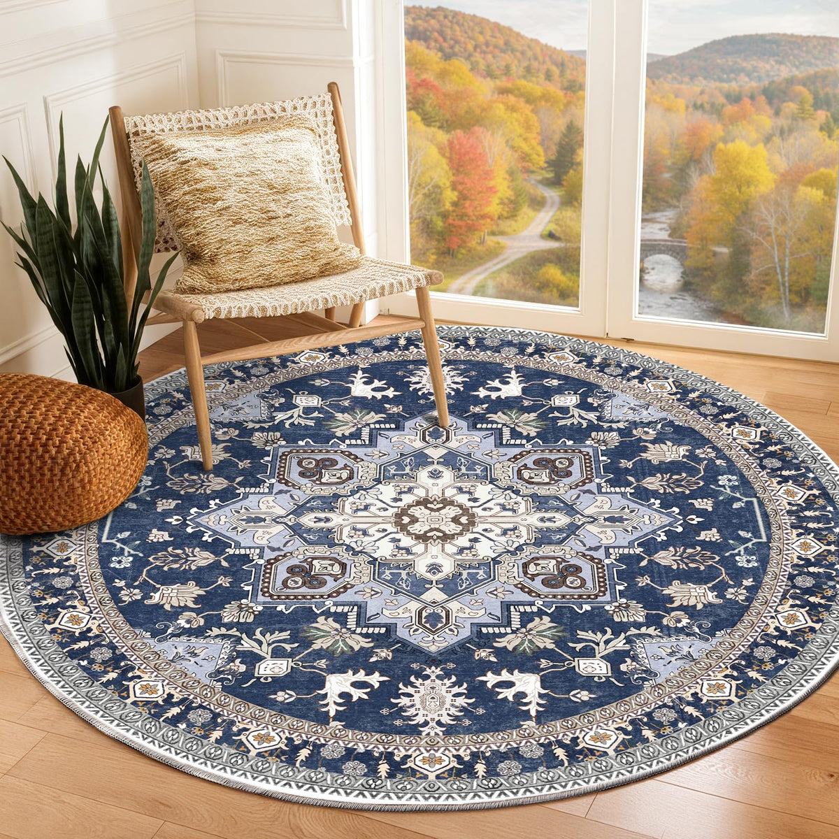 OPPODREAM Soft Area Rugs 5x7, Persian-Inspired Washable Rug, Blue & Gold | Low-Pile Faux Cashmere Surface, TPR Non-Slip Backing, 5 x 7 Carpet for Bedroom, Office, Dorm, Dining Room