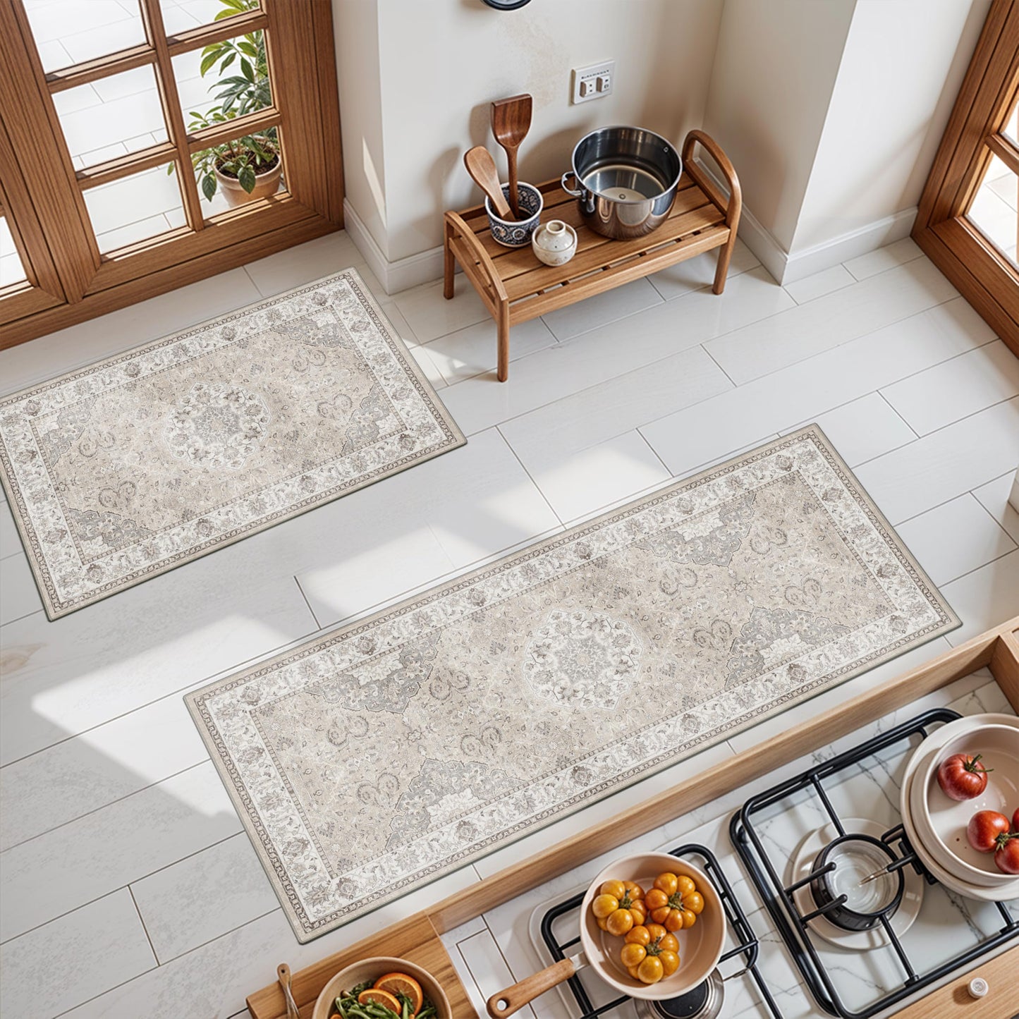 2x6 Hallway Washable Runner Rug : Vintage Soft Kitchen Laundry Runner with Non Slip Backing Farmhouse Entryway Living Room Floor Mat Stain Resistant Carpet for Bedroom Bathroom Distressed Beside Rug