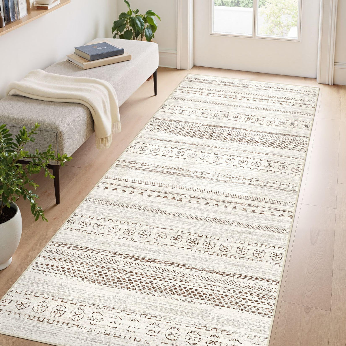 kakania 9x12 Washable Area Rug: Non Slip Soft Thin Carpet, Boho Geometric Modern Decor, Easy Clean Indoor Floor Large Rugs for Living Room Bedroom Kids Dorm Office Dining - Brown