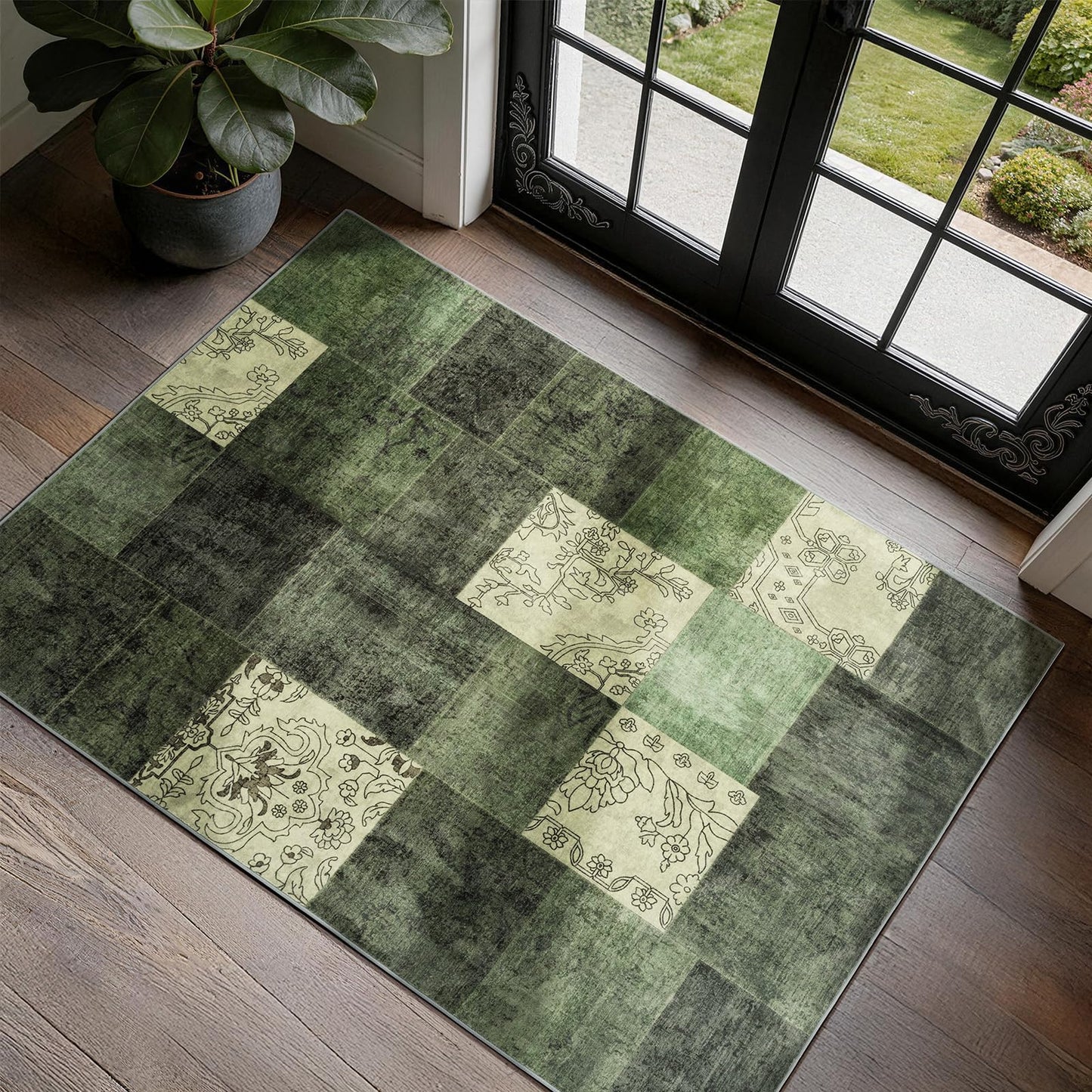 LIANLAM 8x10 Washable Area Rugs for Living Room & Bedroom(8x10,Black&Gray) | Non-Slip Large Carpet,Vintage Checkered Pattern, Stain Resistant Faux Wool Low Pile Soft Rug for Dining Room,Office,Nursery
