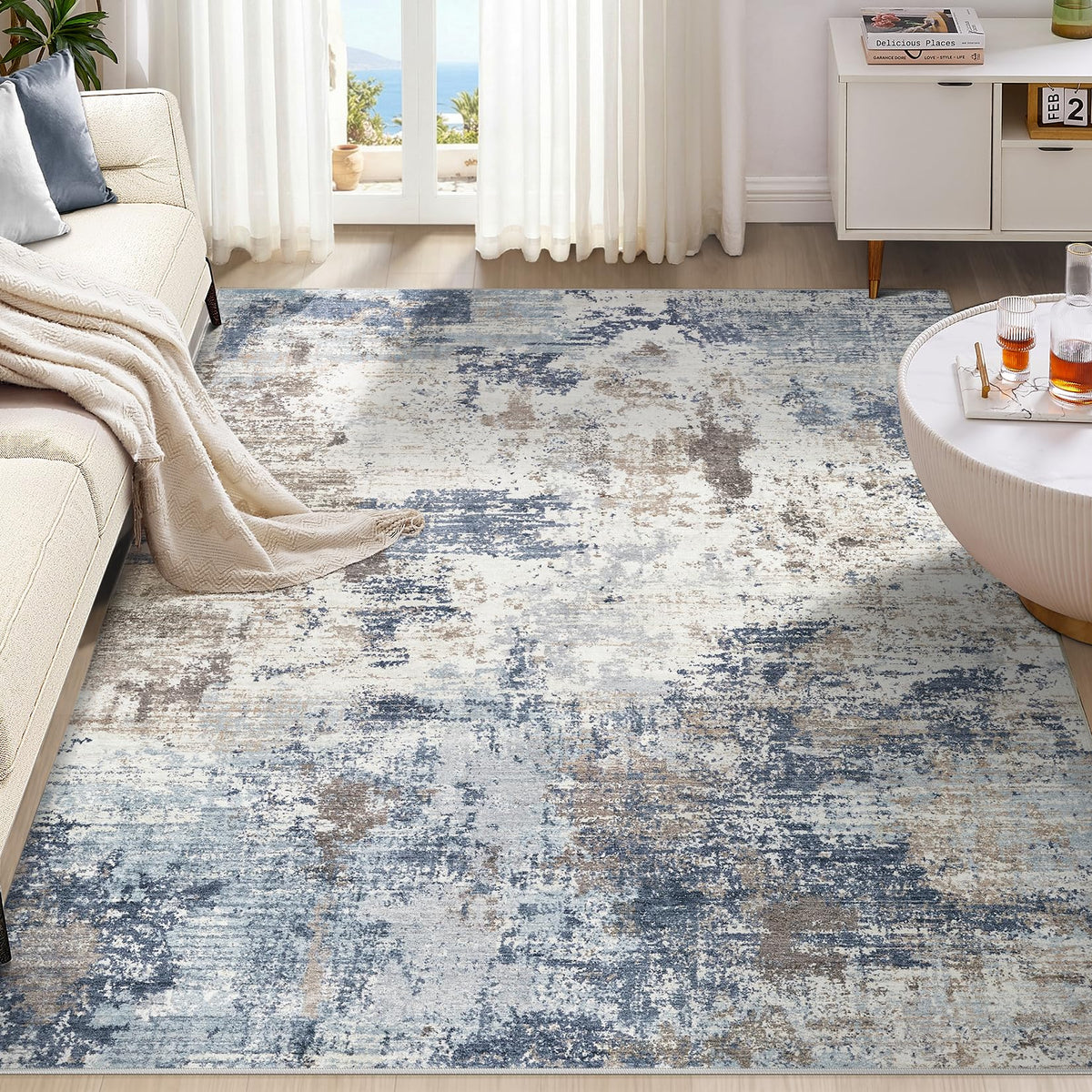 UERMEI 9x12 Area Rug Living Room Rugs - Washable Neutral Modern Abstract Soft Thin Large Rug Indoor Floor No Slip Rug Carpet for Bedroom Under Dining Table Home Office Decor - Brown Grey