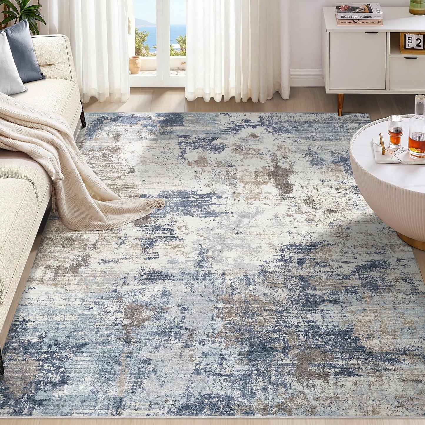 UERMEI 8x10 Area Rug Living Room Rugs - Washable Neutral Modern Abstract Soft Thin Large Rug Indoor Floor No Slip Rug Carpet for Bedroom Under Dining Table Home Office Decor - Brown Grey