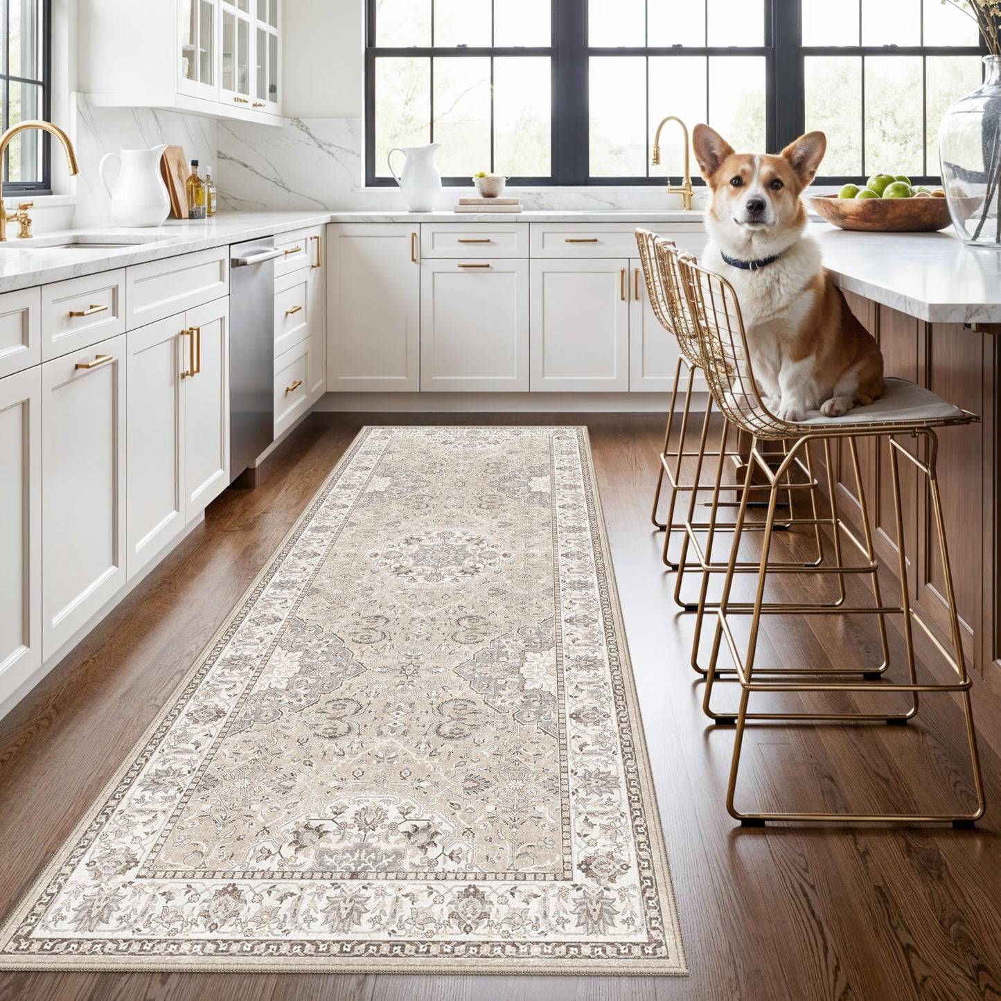 2x6 Hallway Washable Runner Rug : Vintage Soft Kitchen Laundry Runner with Non Slip Backing Farmhouse Entryway Living Room Floor Mat Stain Resistant Carpet for Bedroom Bathroom Distressed Beside Rug