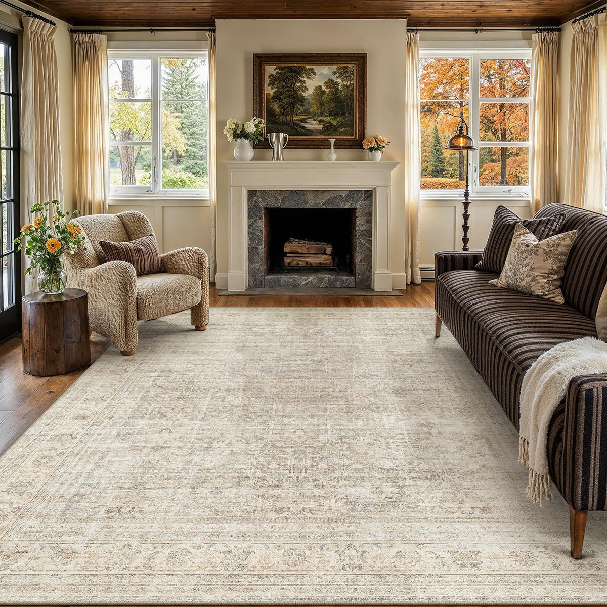 8x10 Area Rug Brown Vintage Distressed Carpet | Washable, Non Slip, Soft Low Pile, Indoor Retro Rugs for Large Living Room, Dining Room, Bedroom