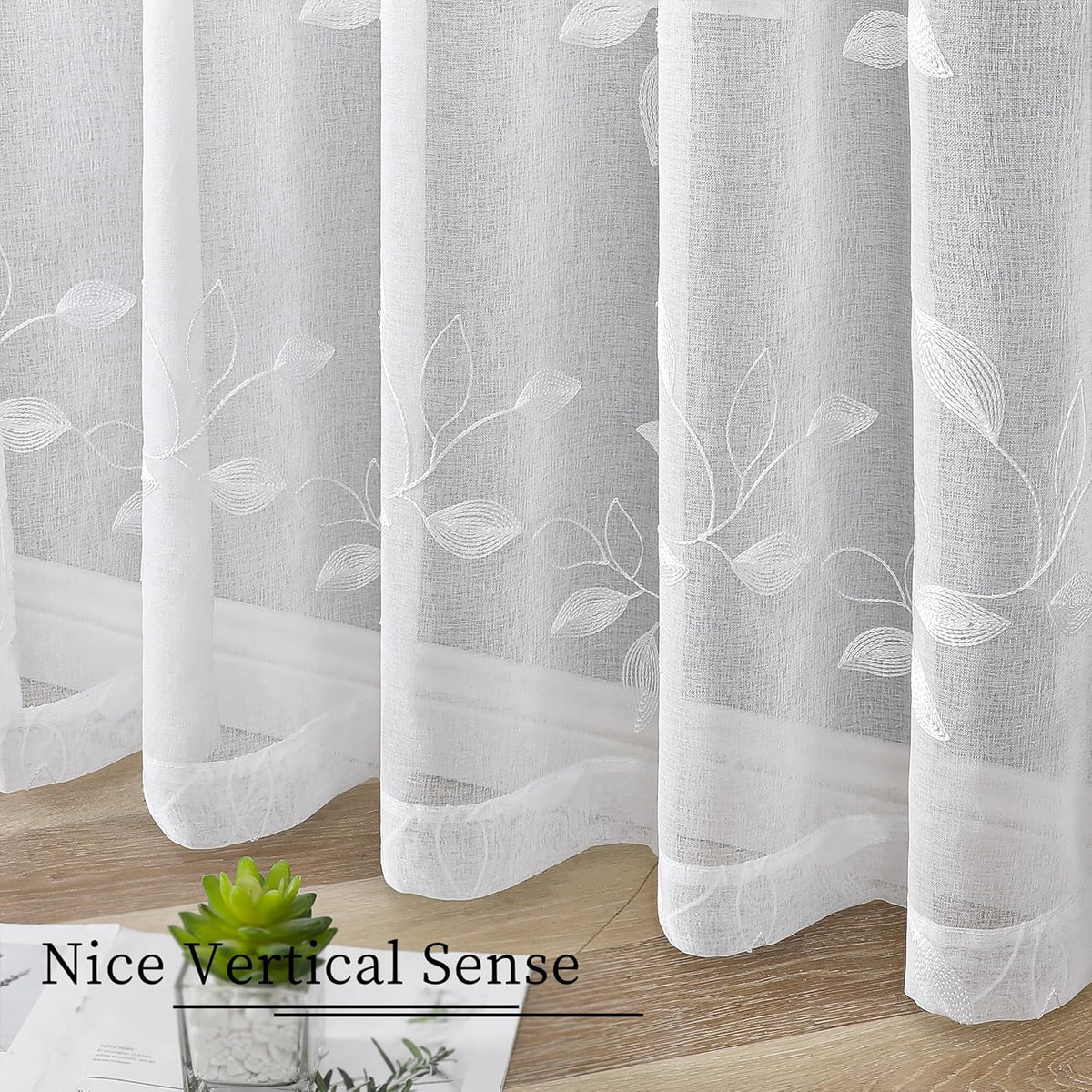 Tollpiz White Leaf Sheer Curtains Bedroom 54 x 84 Inches | Leaves Embroidered Curtain Rod Pocket Voile Window Treatment for Living Room, Set of 2 Panels