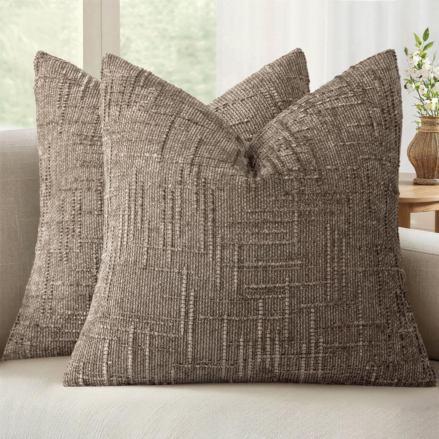 MIULEE Chenille Textured Throw Pillow Covers Cream White 18x18 Set of 2 | Slubby Decorative Pillows, Boho Farmhouse Home Decor, Modern Neutral Cushion Covers for Couch Sofa Bed Living Room