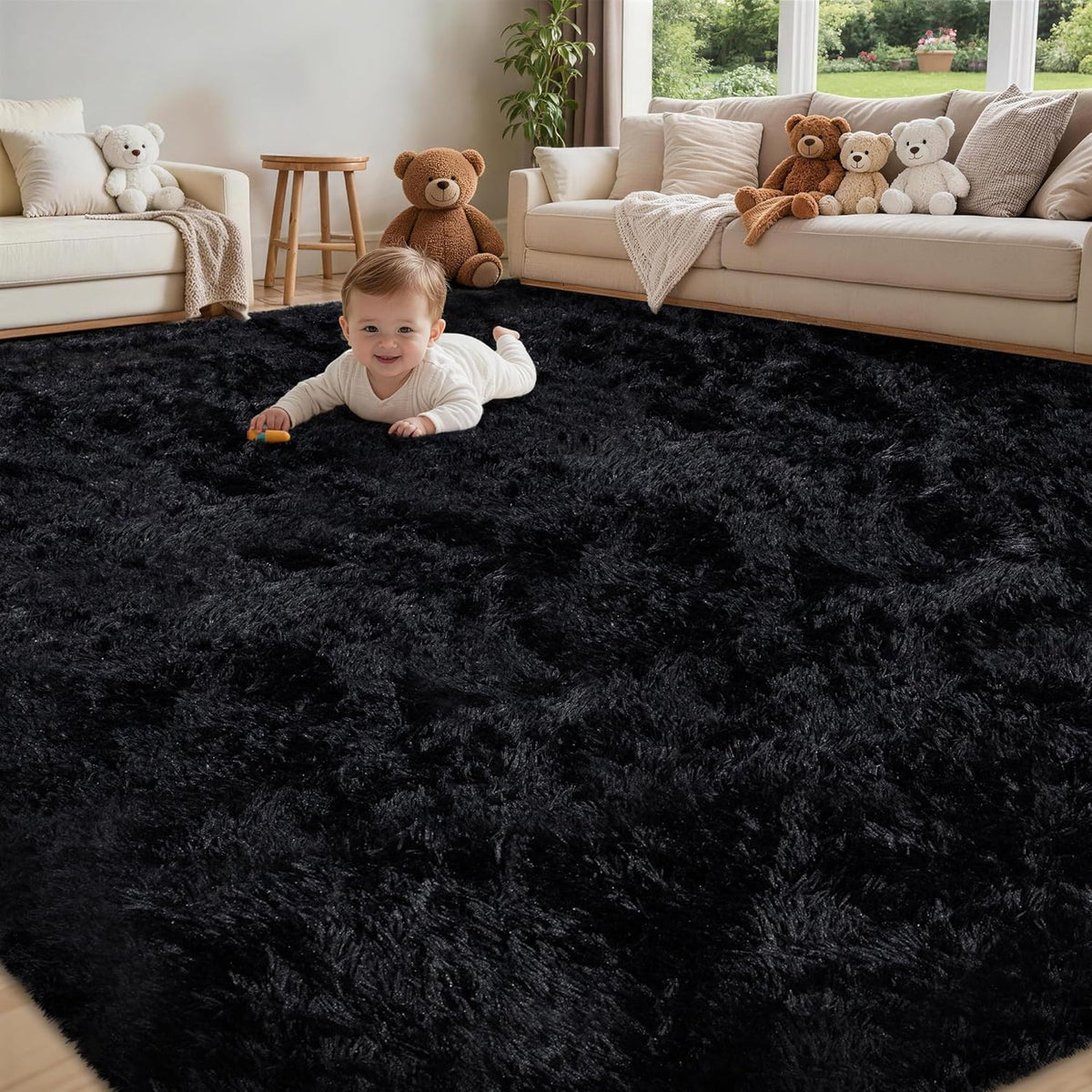 8x10 Area Rug for Living Room,Black Fluffy Shag Non-Slip Bedroom Rugs | Ultra Soft Large Fuzzy Plush Indoor Carpet，Washable Rugs for Bedroom Kids Nursery Office Dorm Modern Decor