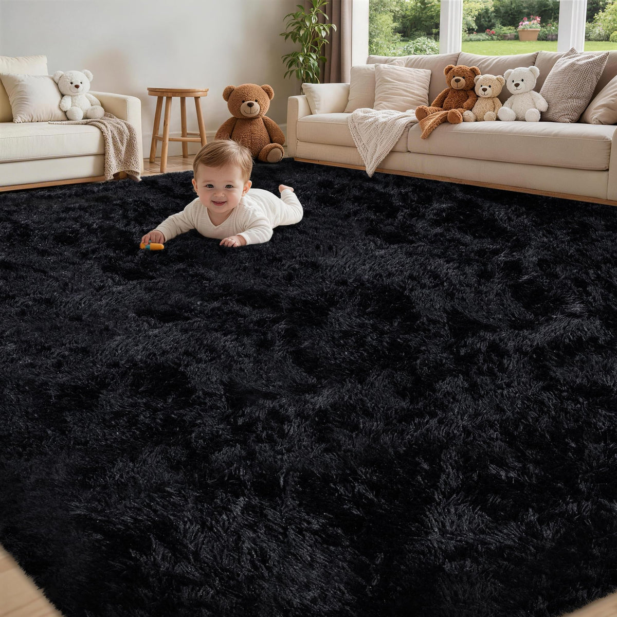8x10 Area Rug for Living Room,Black Fluffy Shag Non-Slip Bedroom Rugs | Ultra Soft Large Fuzzy Plush Indoor Carpet，Washable Rugs for Bedroom Kids Nursery Office Dorm Modern Decor