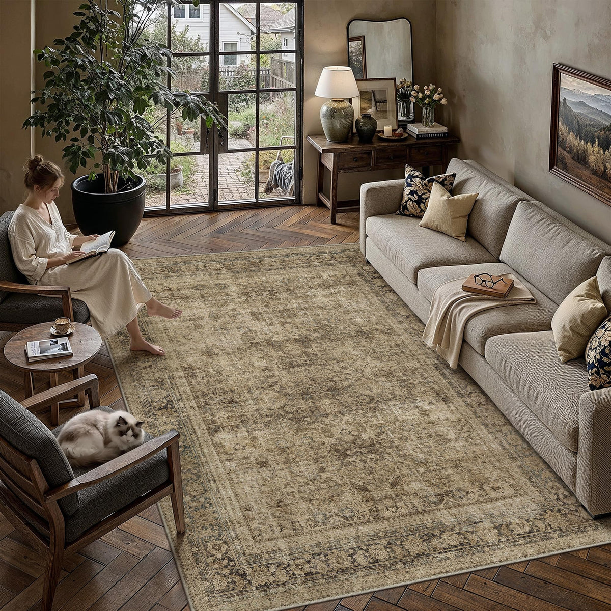 8x10 Area Rug Brown Vintage Distressed Carpet | Washable, Non Slip, Soft Low Pile, Indoor Retro Rugs for Large Living Room, Dining Room, Bedroom