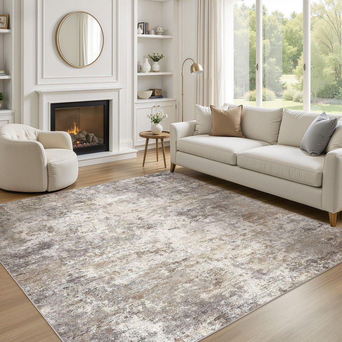 UERMEI 9x12 Area Rug Living Room Rugs - Washable Neutral Modern Abstract Soft Thin Large Rug Indoor Floor No Slip Rug Carpet for Bedroom Under Dining Table Home Office Decor - Brown Grey