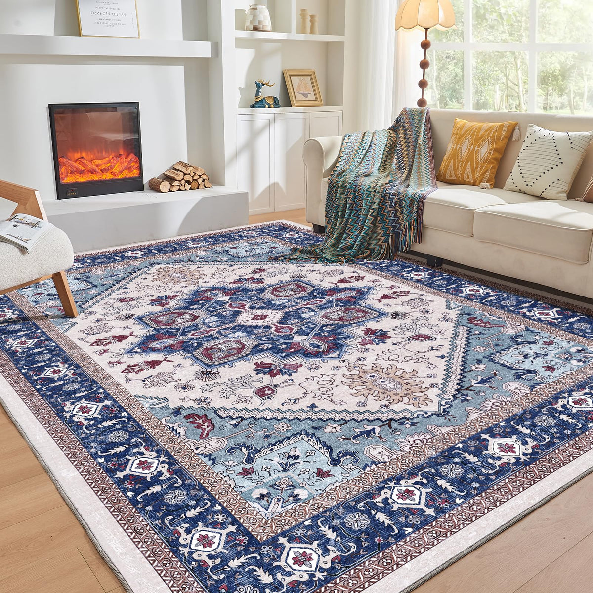 OPPODREAM Soft Area Rugs 5x7, Persian-Inspired Washable Rug, Blue & Gold | Low-Pile Faux Cashmere Surface, TPR Non-Slip Backing, 5 x 7 Carpet for Bedroom, Office, Dorm, Dining Room