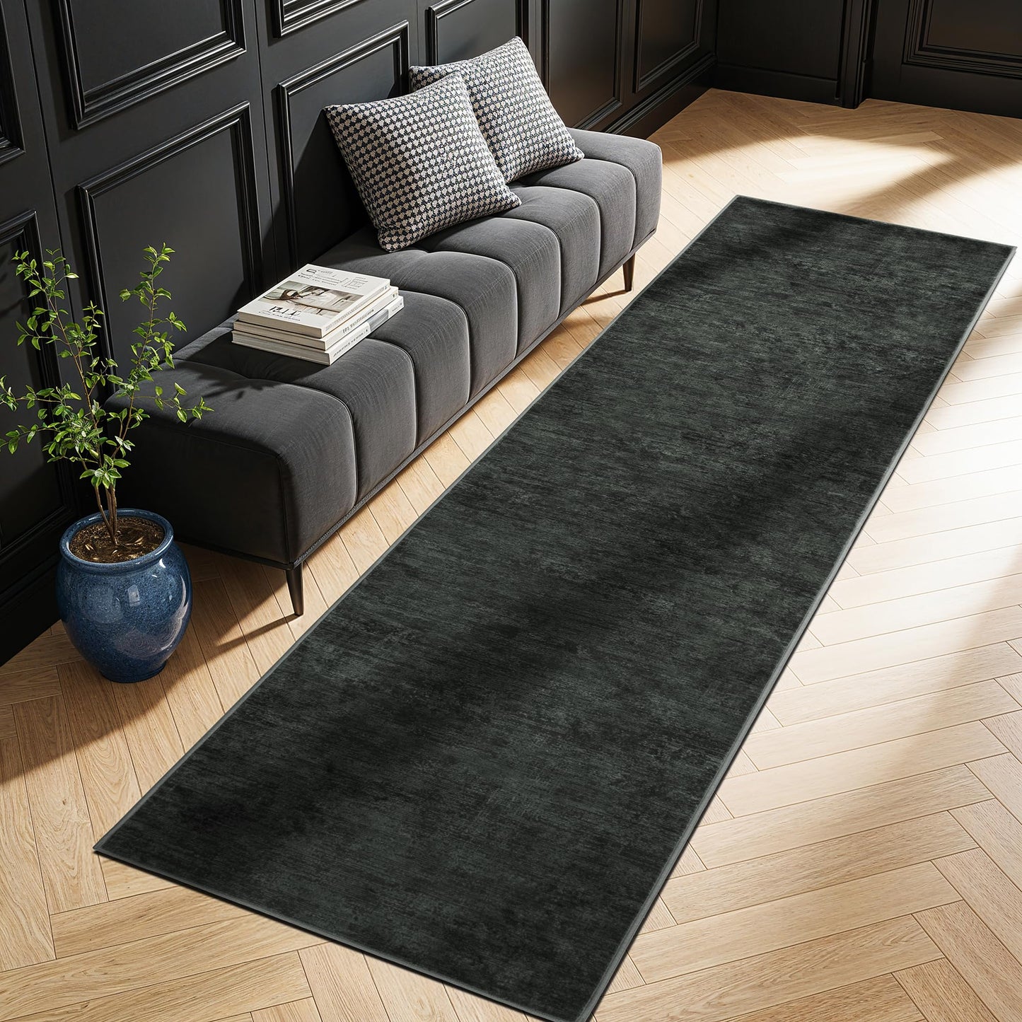 8x10 Washable Area Rug, Black Solid Area Rugs for Living Room & Bedroom | Stain-resistant & Non-slip backing,Low Pile Washable Large Carpet, Solid Vintage Style For High Traffic Areas(8x10,Black)