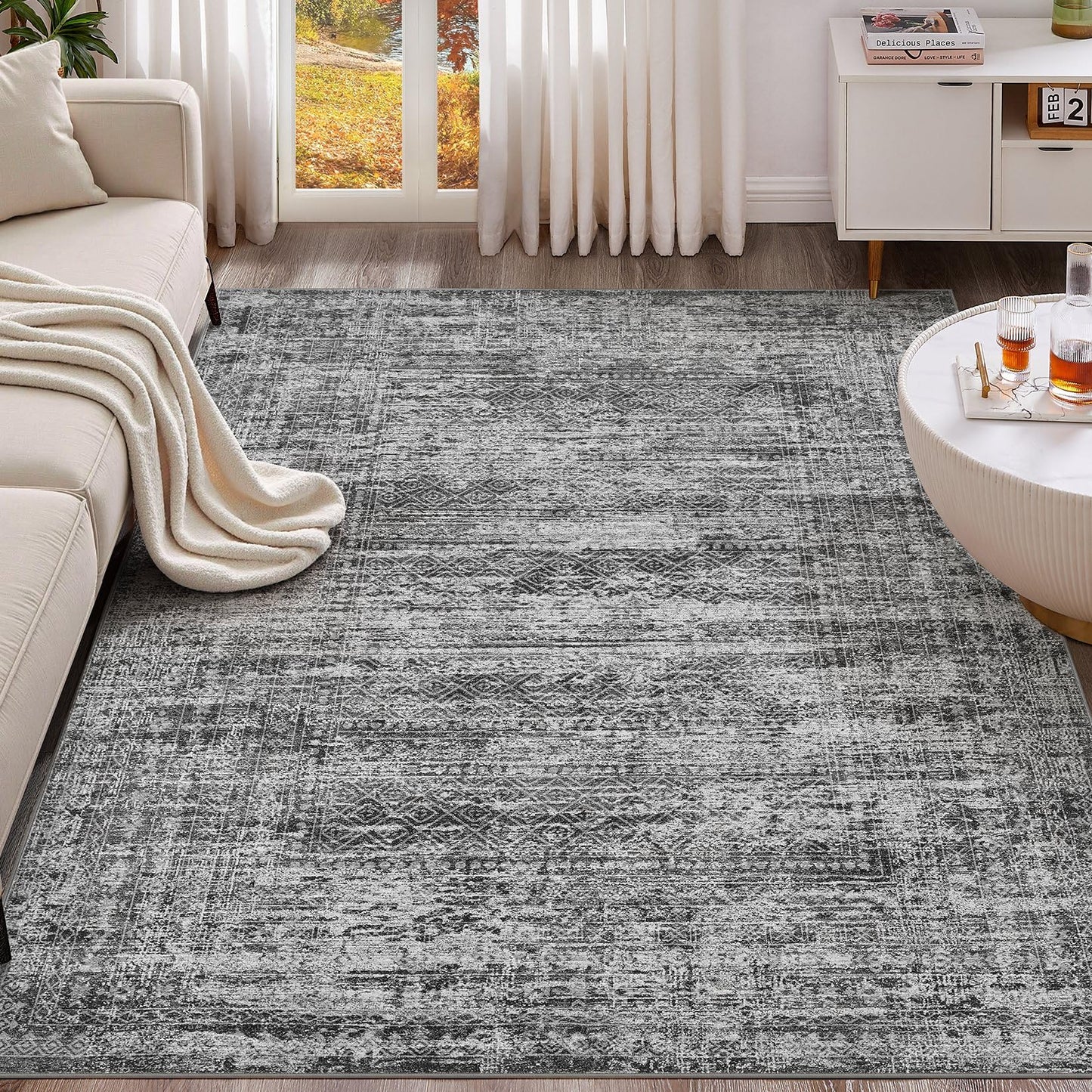 UERMEI 8x10 Area Rug Living Room Rugs - Washable Neutral Modern Abstract Soft Thin Large Rug Indoor Floor No Slip Rug Carpet for Bedroom Under Dining Table Home Office Decor - Brown Grey