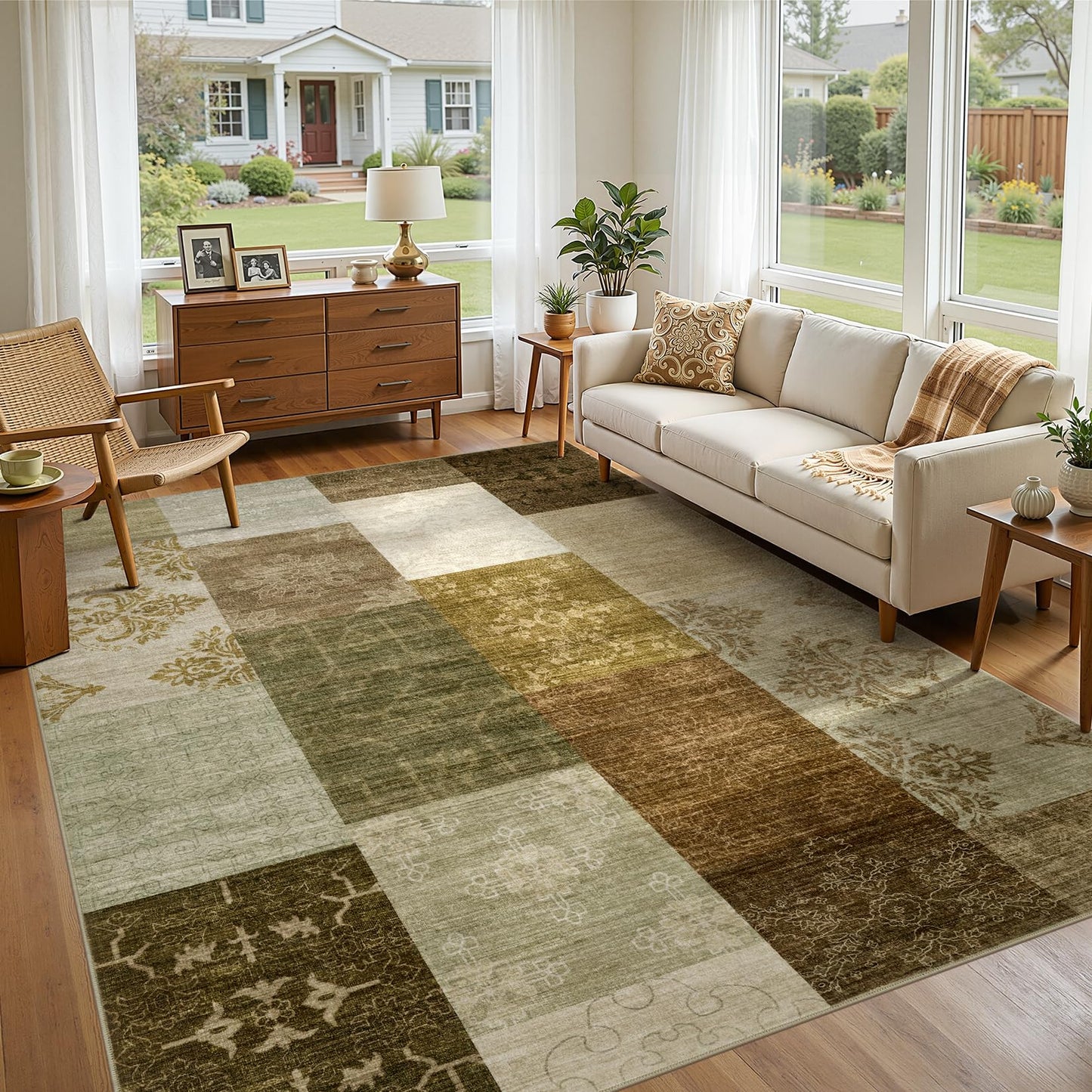 UERMEI 8x10 Area Rug Living Room Rugs - Washable Neutral Modern Abstract Soft Thin Large Rug Indoor Floor No Slip Rug Carpet for Bedroom Under Dining Table Home Office Decor - Brown Grey