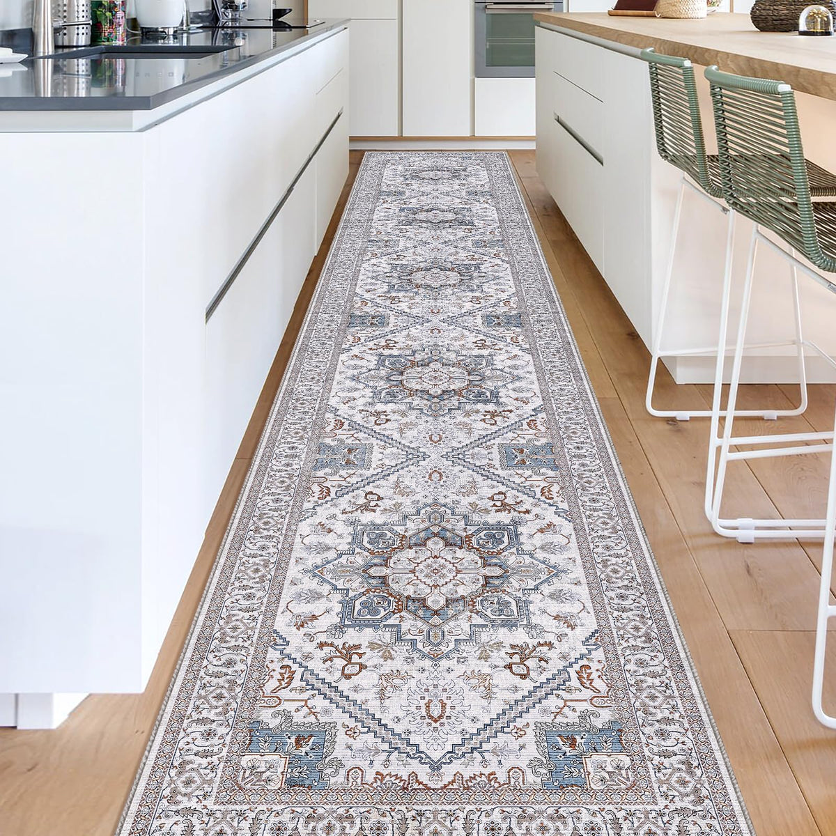 OPPODREAM Soft Area Rugs 5x7, Persian-Inspired Washable Rug, Blue & Gold | Low-Pile Faux Cashmere Surface, TPR Non-Slip Backing, 5 x 7 Carpet for Bedroom, Office, Dorm, Dining Room