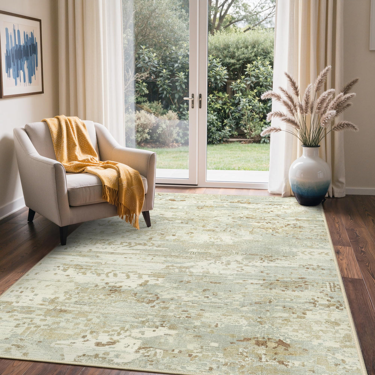 BEIMO 5x7 Green Abstract Area Rug, Washable Non-Slip for Bedroom | Soft Low-Pile Carpet, Lightweight and Easy to Vacuum, Sage Living Rooms, Dining Rooms, Bedrooms, and Home Offices