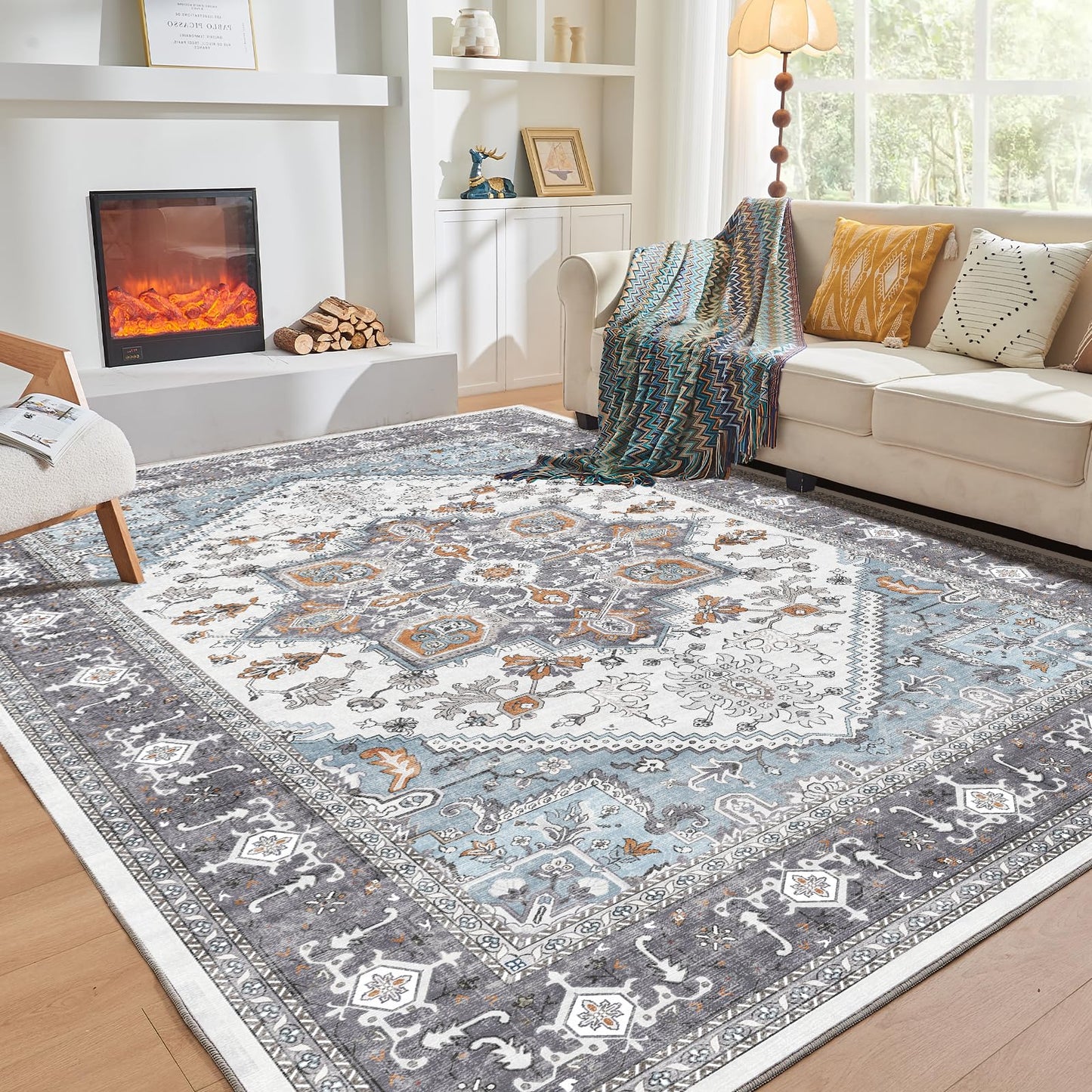 OPPODREAM Soft Area Rugs 5x7, Persian-Inspired Washable Rug, Blue & Gold | Low-Pile Faux Cashmere Surface, TPR Non-Slip Backing, 5 x 7 Carpet for Bedroom, Office, Dorm, Dining Room