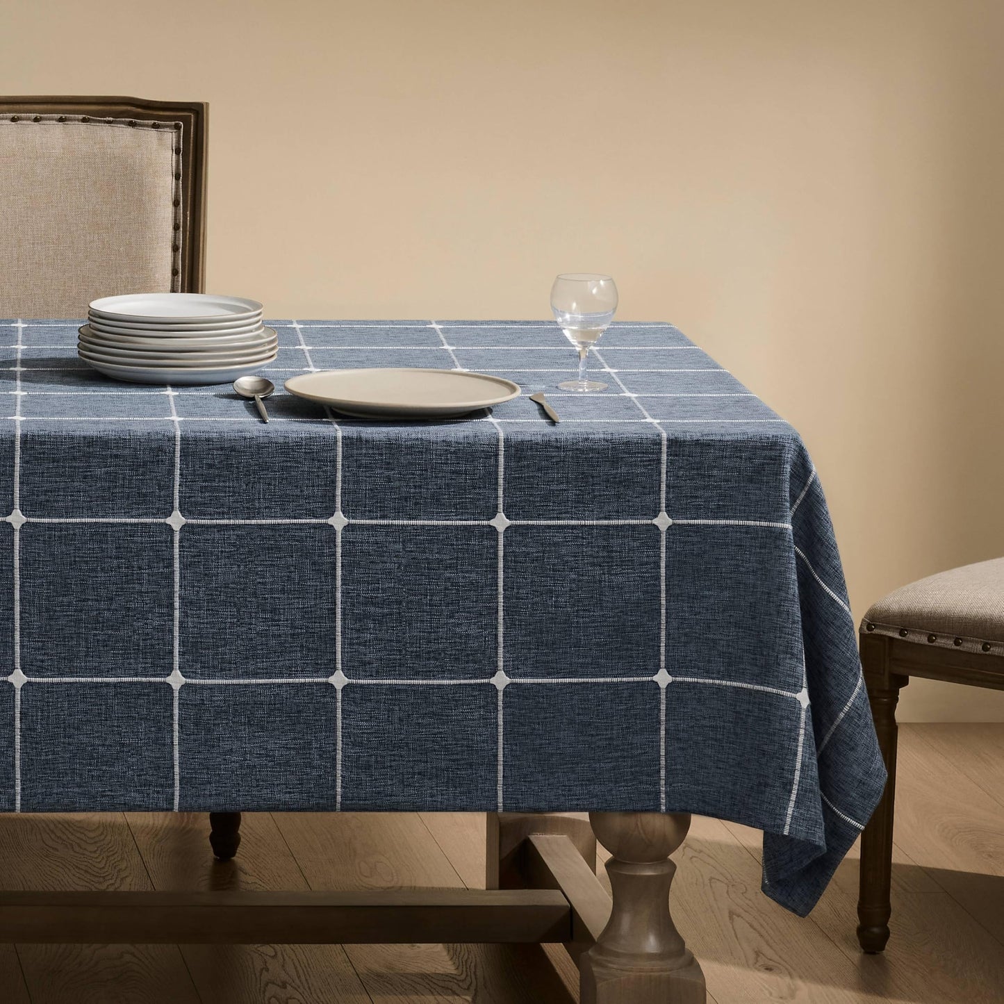 Grid Embroidered Rectangle Hemmed Tablecloths 60x120in, Blue | Heavy Weight Non-sheer Linen Fabric, Mitered Corner Finish, Water Resistant Farmhouse Table Cover, Boho Plaid Home Decor