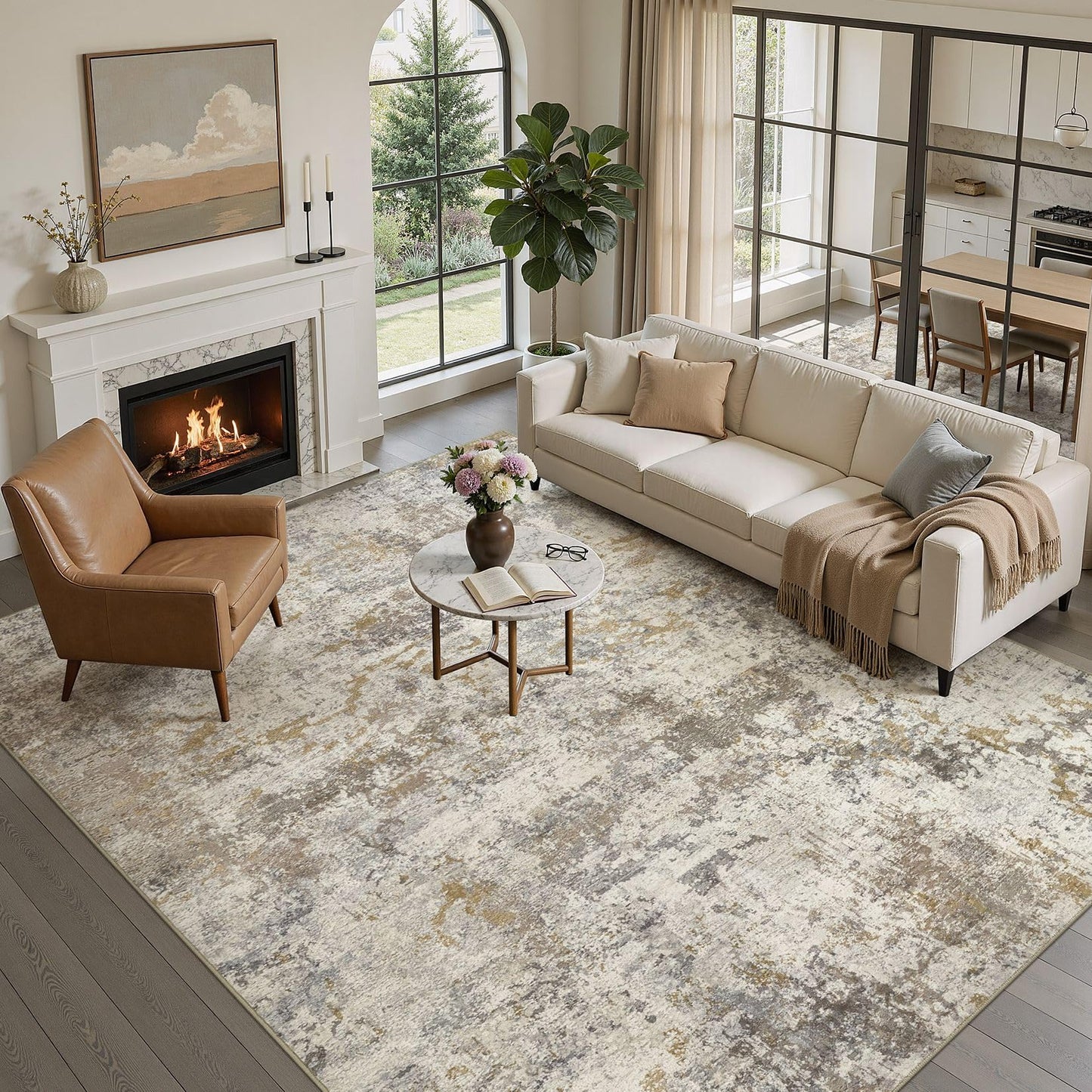 kakania 9x12 Washable Area Rug: Non Slip Soft Thin Carpet, Boho Geometric Modern Decor, Easy Clean Indoor Floor Large Rugs for Living Room Bedroom Kids Dorm Office Dining - Brown