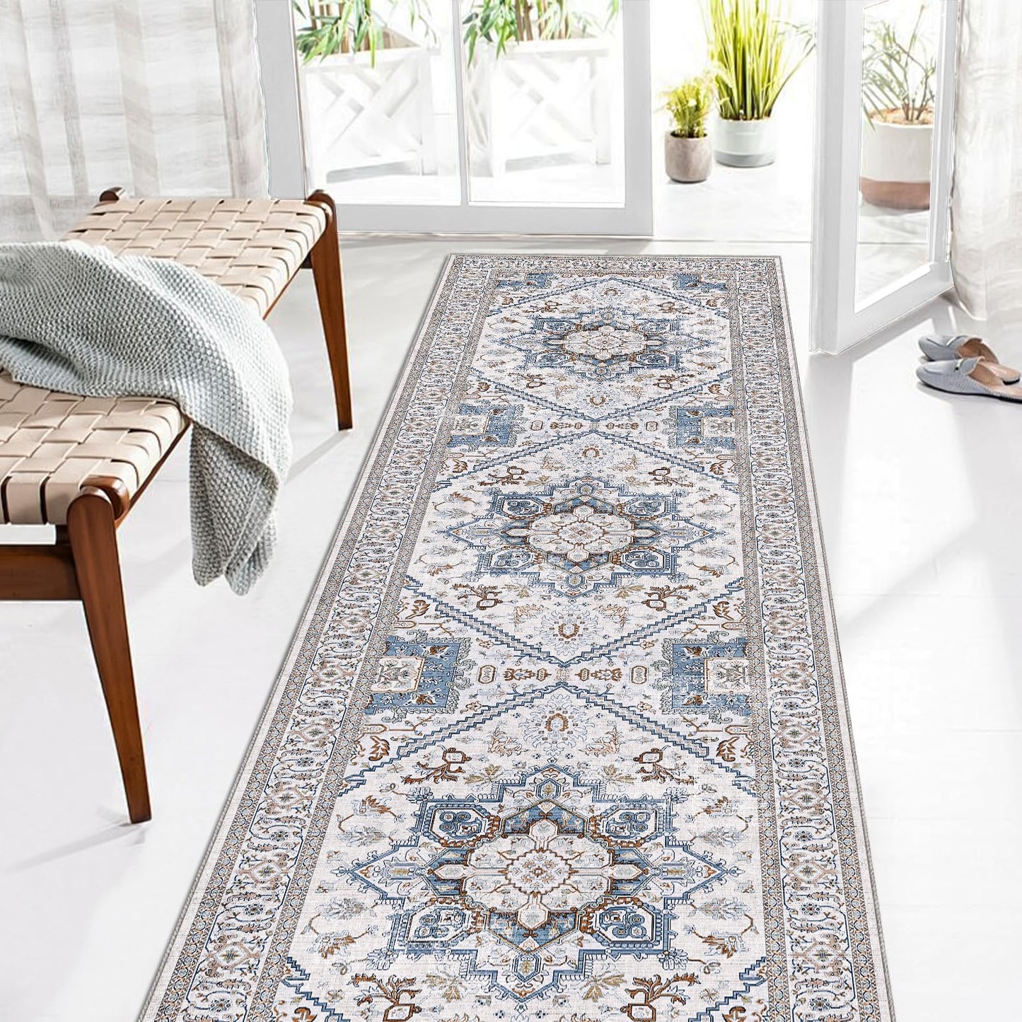 OPPODREAM Soft Area Rugs 5x7, Persian-Inspired Washable Rug, Blue & Gold | Low-Pile Faux Cashmere Surface, TPR Non-Slip Backing, 5 x 7 Carpet for Bedroom, Office, Dorm, Dining Room