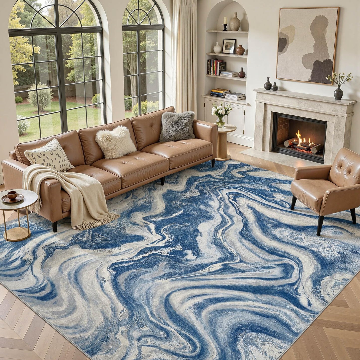 DMOYEST 8x10 Area Rug for Living Room Washable Abstract Indoor Carpet | Neutral Modern Low Pile Rugs Kid & Pet Friendly Large Soft Thin Carpet for Bedroom Dining Room - Grey Blue