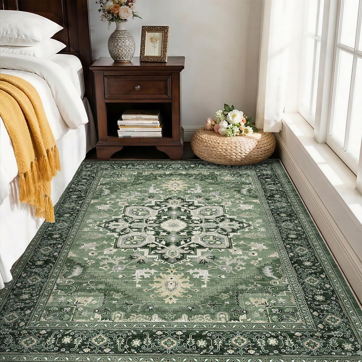 OPPODREAM Soft Area Rugs 5x7, Persian-Inspired Washable Rug, Blue & Gold | Low-Pile Faux Cashmere Surface, TPR Non-Slip Backing, 5 x 7 Carpet for Bedroom, Office, Dorm, Dining Room
