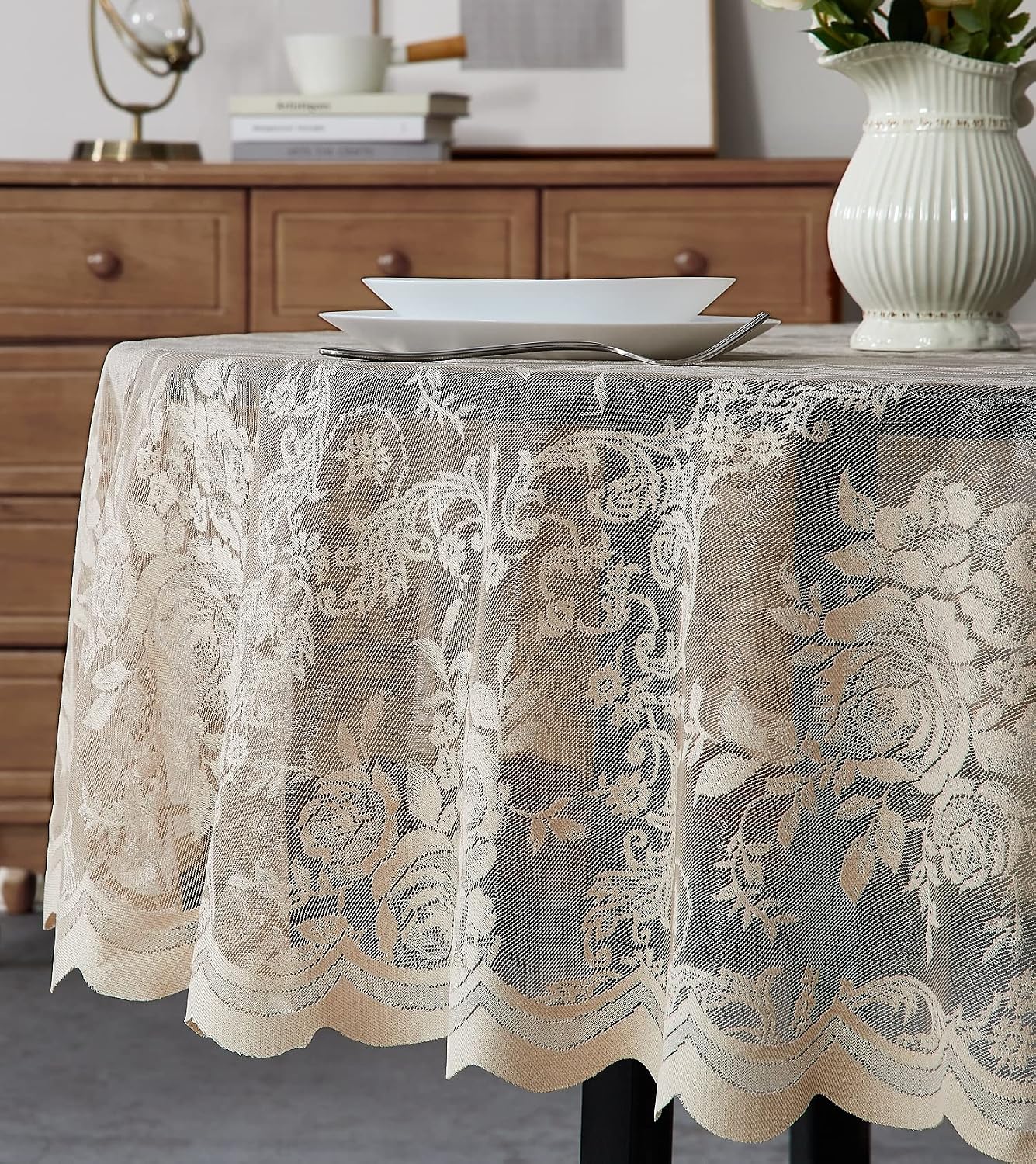 Warm Home Designs 60 x 120 Gold Rectangle Lace Tablecloth. LTC Linen 120 | Golden Rectangle Tablecloth with English Rose Design. Rustic Rectangular Tablecloth or Dining Table Cover for 10-12 Guests.