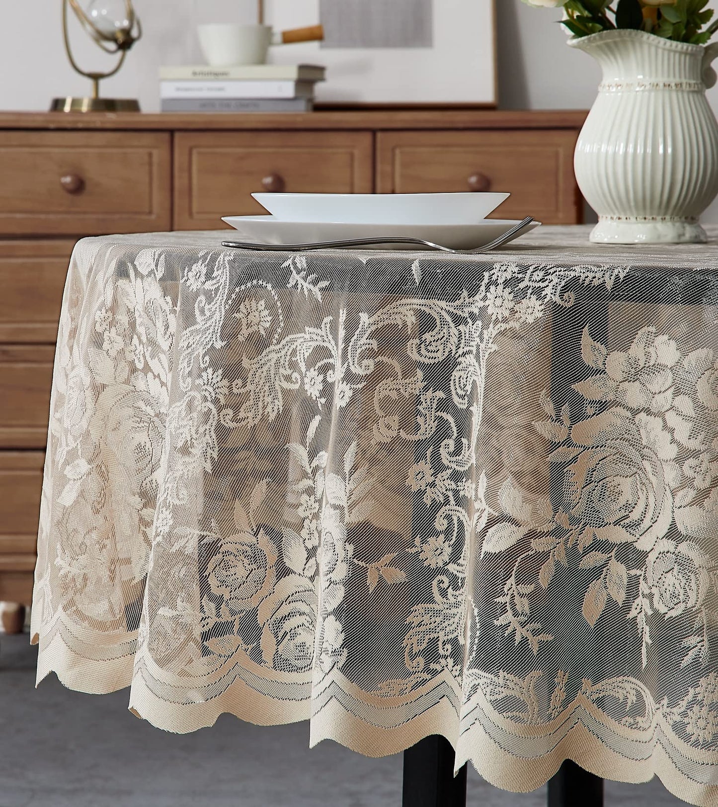 Warm Home Designs 60 x 120 Gold Rectangle Lace Tablecloth. LTC Linen 120 | Golden Rectangle Tablecloth with English Rose Design. Rustic Rectangular Tablecloth or Dining Table Cover for 10-12 Guests.