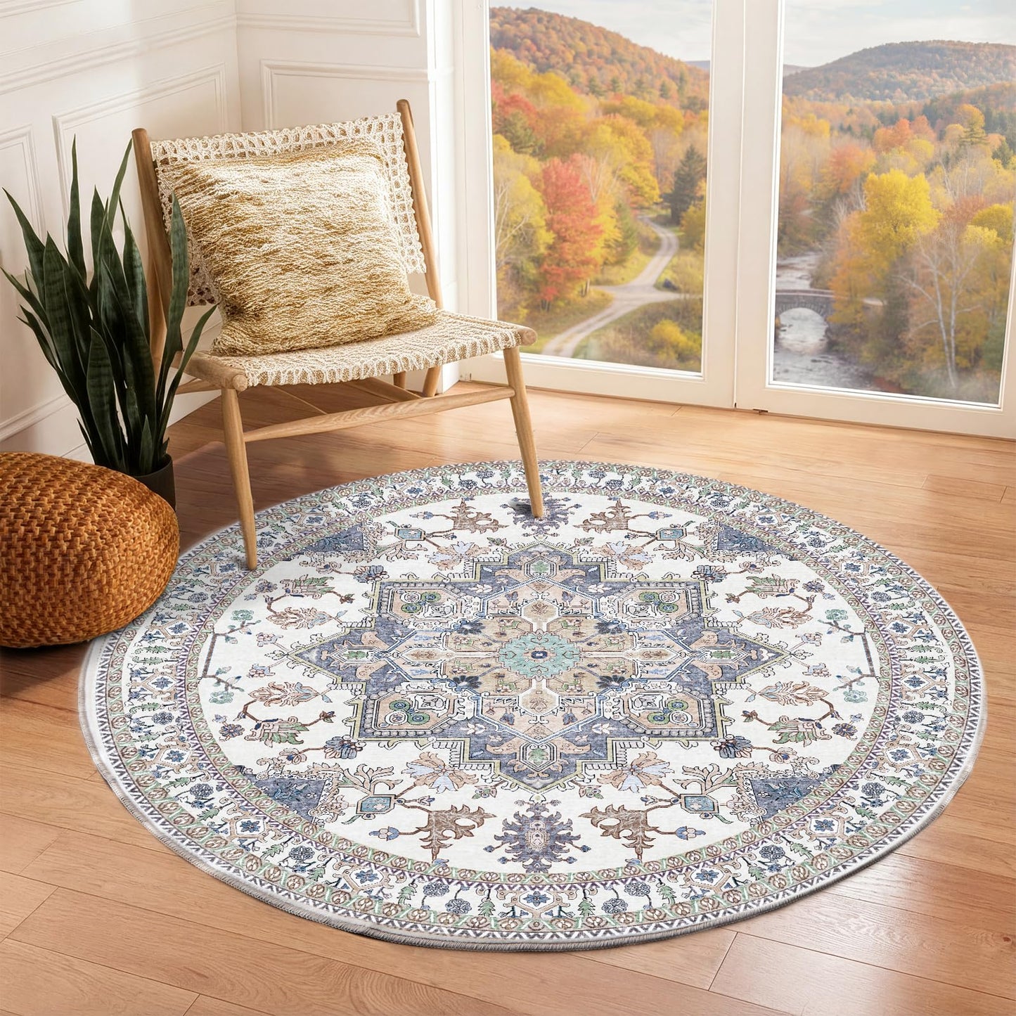 OPPODREAM Soft Area Rugs 5x7, Persian-Inspired Washable Rug, Blue & Gold | Low-Pile Faux Cashmere Surface, TPR Non-Slip Backing, 5 x 7 Carpet for Bedroom, Office, Dorm, Dining Room