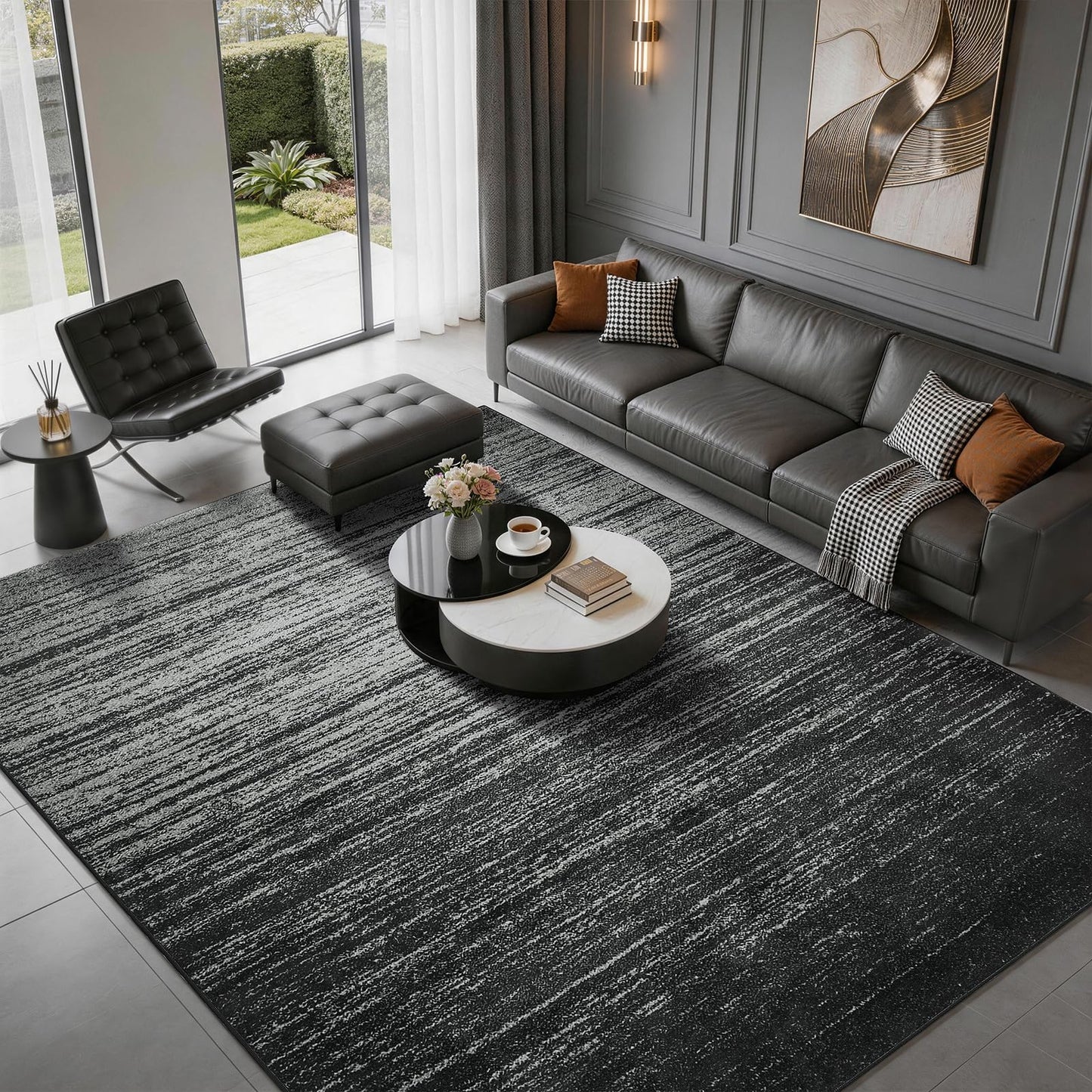 8x10 Washable Area Rug, Black Solid Area Rugs for Living Room & Bedroom | Stain-resistant & Non-slip backing,Low Pile Washable Large Carpet, Solid Vintage Style For High Traffic Areas(8x10,Black)