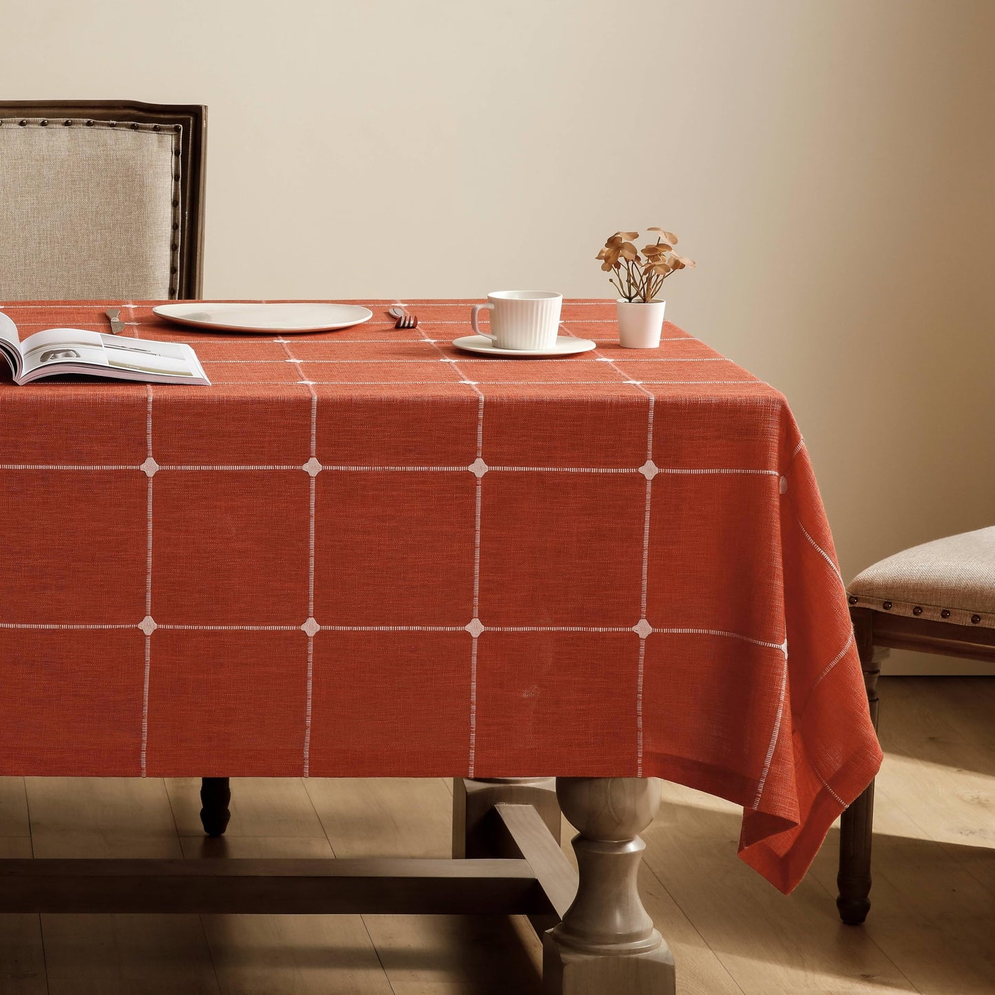 Grid Embroidered Rectangle Hemmed Tablecloths 60x120in, Blue | Heavy Weight Non-sheer Linen Fabric, Mitered Corner Finish, Water Resistant Farmhouse Table Cover, Boho Plaid Home Decor