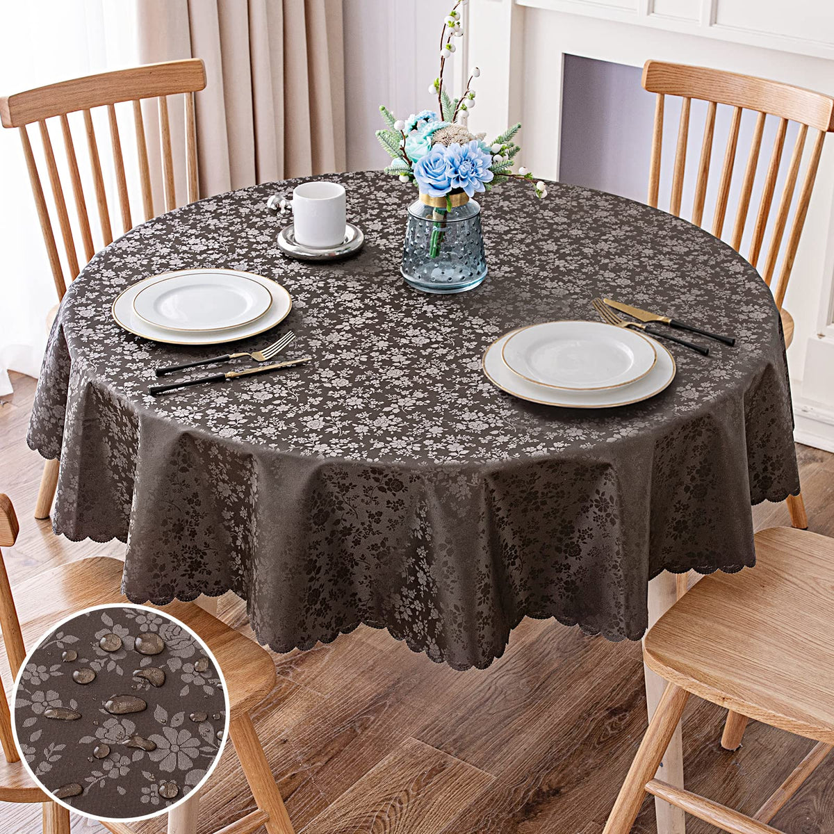 Smiry Rectangle Waterproof Heavy Duty Vinyl Tablecloths, 60 x 84 Inch | Wipeable Washable Floral Embossed Table Cover for Kitchen and Dining Room, Indoor & Outdoor Use, Beige