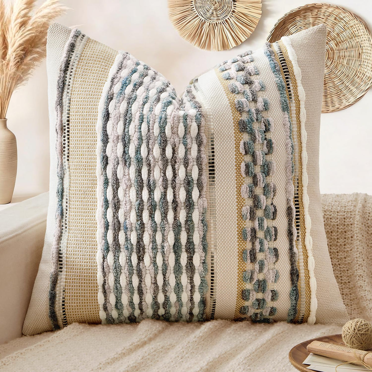 ANRODUO Boho Decorative Pillow Covers Olive Green Stripe 18x18 Pack of 2 | Throw Pillow Covers, Farmhouse Cushion Case, Chenille Pillow Cases, Pillow Covers, Accent Neutral Pillowcase for Couch Bed