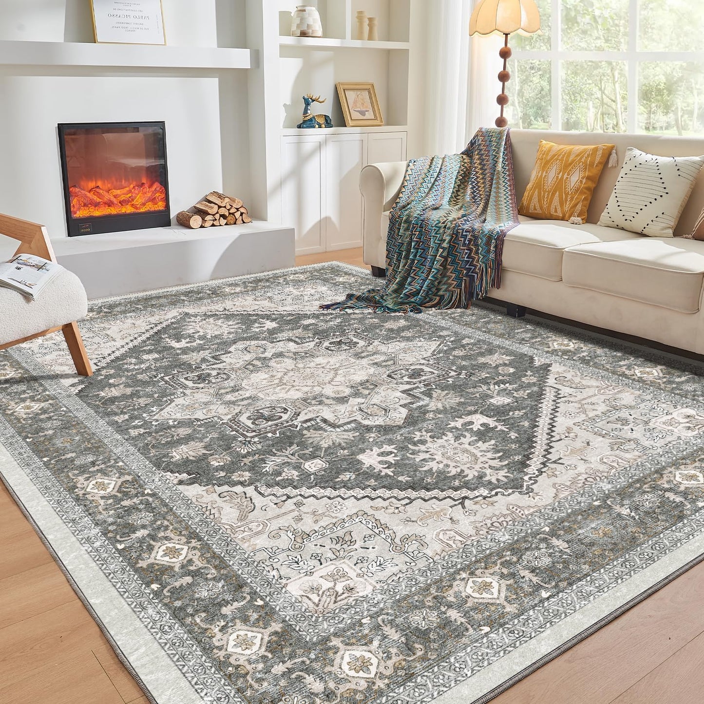 OPPODREAM Soft Area Rugs 5x7, Persian-Inspired Washable Rug, Blue & Gold | Low-Pile Faux Cashmere Surface, TPR Non-Slip Backing, 5 x 7 Carpet for Bedroom, Office, Dorm, Dining Room