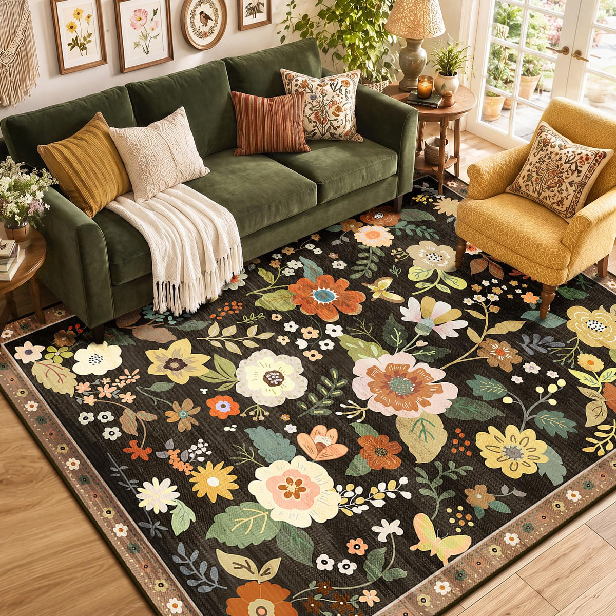 RELEANY Floral Washable 5x7 Area Rugs Black | Flower Carpet, Print, Boho, Non-Slip, Easy to Clean, Soft, Low Pile for Living Room Bedroom Kitchen Office Entryway Hallway
