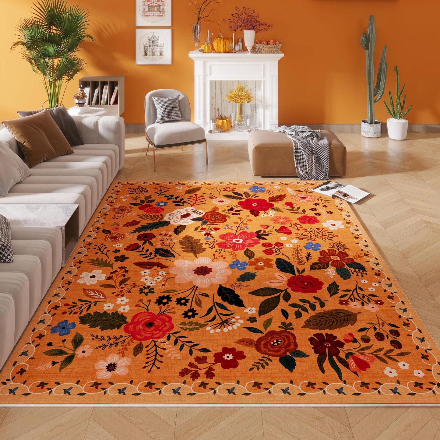 Rugcomf Living Room Rug 5x7 Rug Machine Washable Boho Area Rug Non Slip Floral Vintage Low Pile Large Rugs for Living Room, Bedroom, Farmhouse, Dining Room, Kids Playroom(Black)