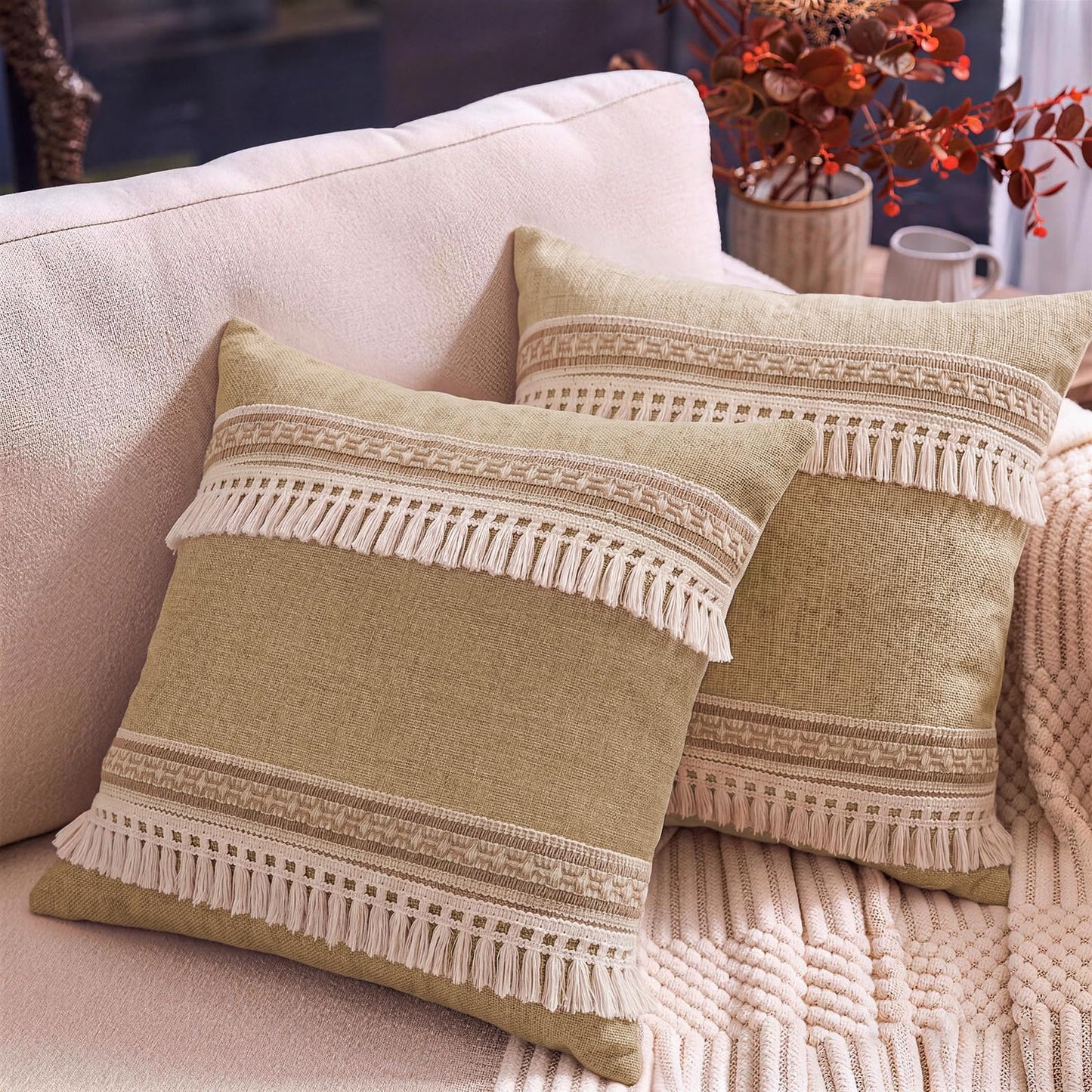 Boho Fringe Throw Pillow Covers 18x18 inch | Khaki and Cream Linen Cushion Covers,Stripe Hemp Lace Tassel Decorative, Neutral Farmhouse Pillow Covers for Couch Sofa