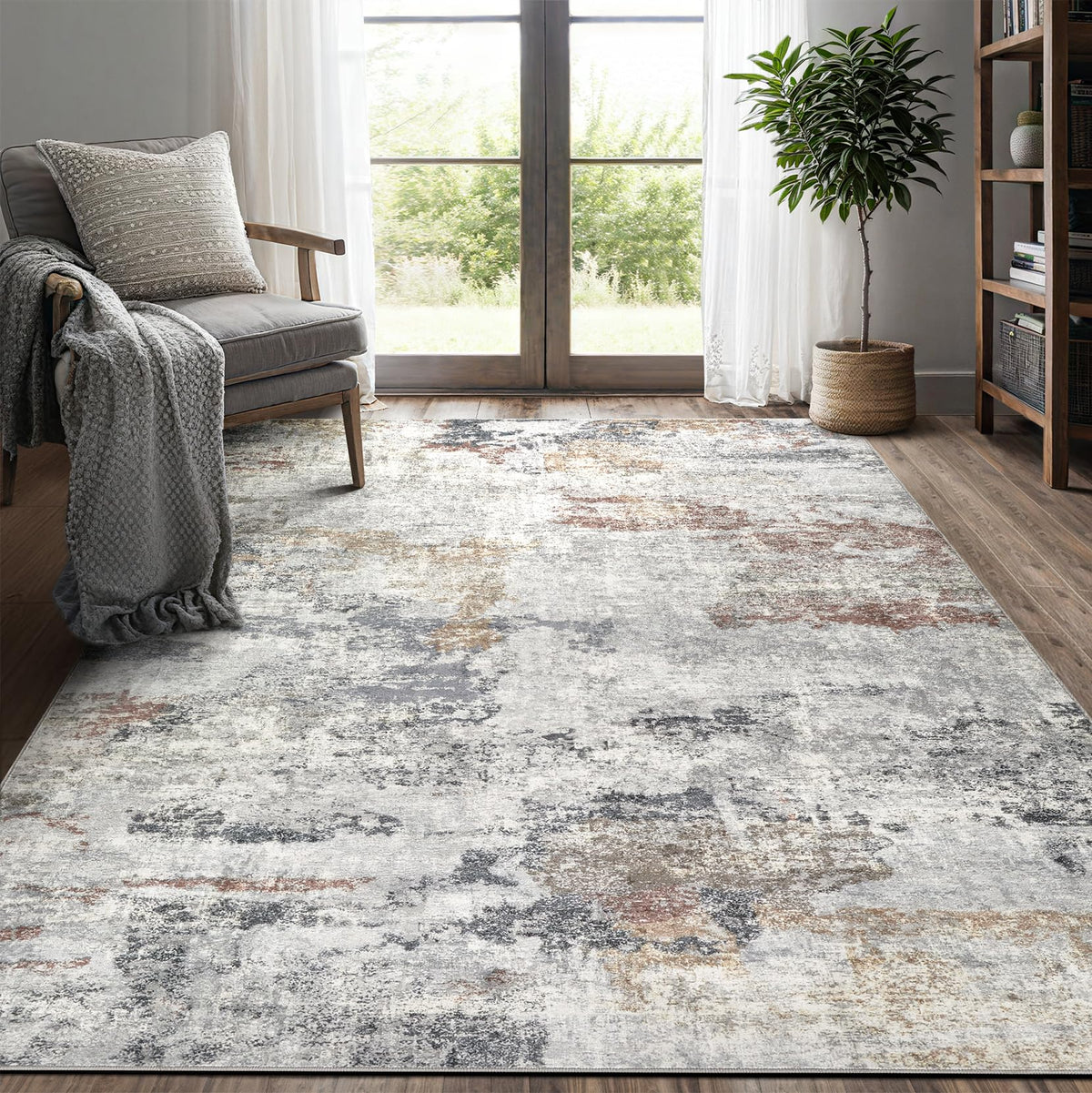 DMOYEST 8x10 Area Rug for Living Room Washable Abstract Indoor Carpet | Neutral Modern Low Pile Rugs Kid & Pet Friendly Large Soft Thin Carpet for Bedroom Dining Room - Grey Blue