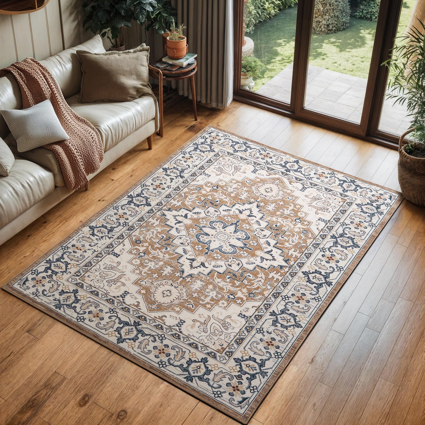 Lofus 5x7 Area Rugs for Living Room Bedroom, Soft Boho Carpet Floral Brown | High-Power Vacuuming, Non-Slip, Low Pile, Stain & Water Repellent, Soft, Skin-Friendly, for Kitchen Entryway Office