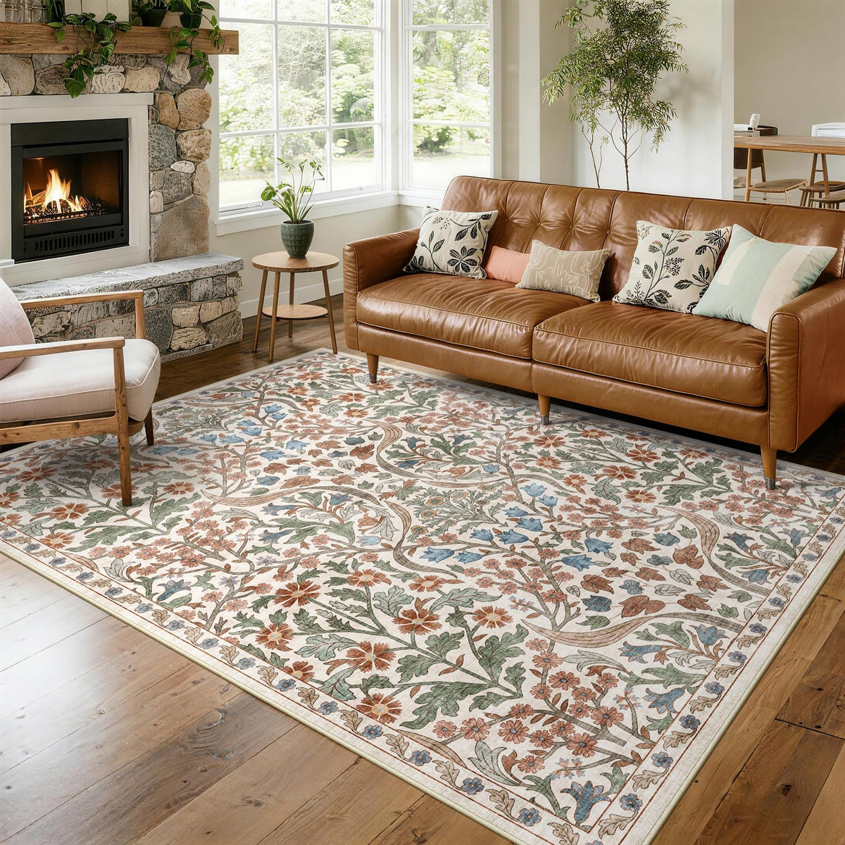 5x7 Washable Area Rug Green Boho Floral for Living Room Bedroom Nursery | Carpet for Dining Room, Soft Low-Pile Non-Slip Faux Wool, Farmhouse Indoor, Kid & Pet Friendly, Stain, Fade & Wear Resistant