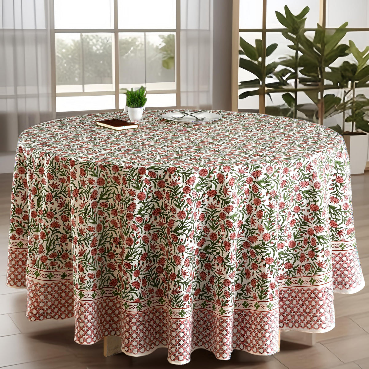 CPC Apatite Blue Block Print Cotton Handmade Round Tablecloth 110 Inch Decorative Table Cover for Home Decor, Dinning, Festive, Wedding, Farmhouse Gift for Spring, Mother's Day