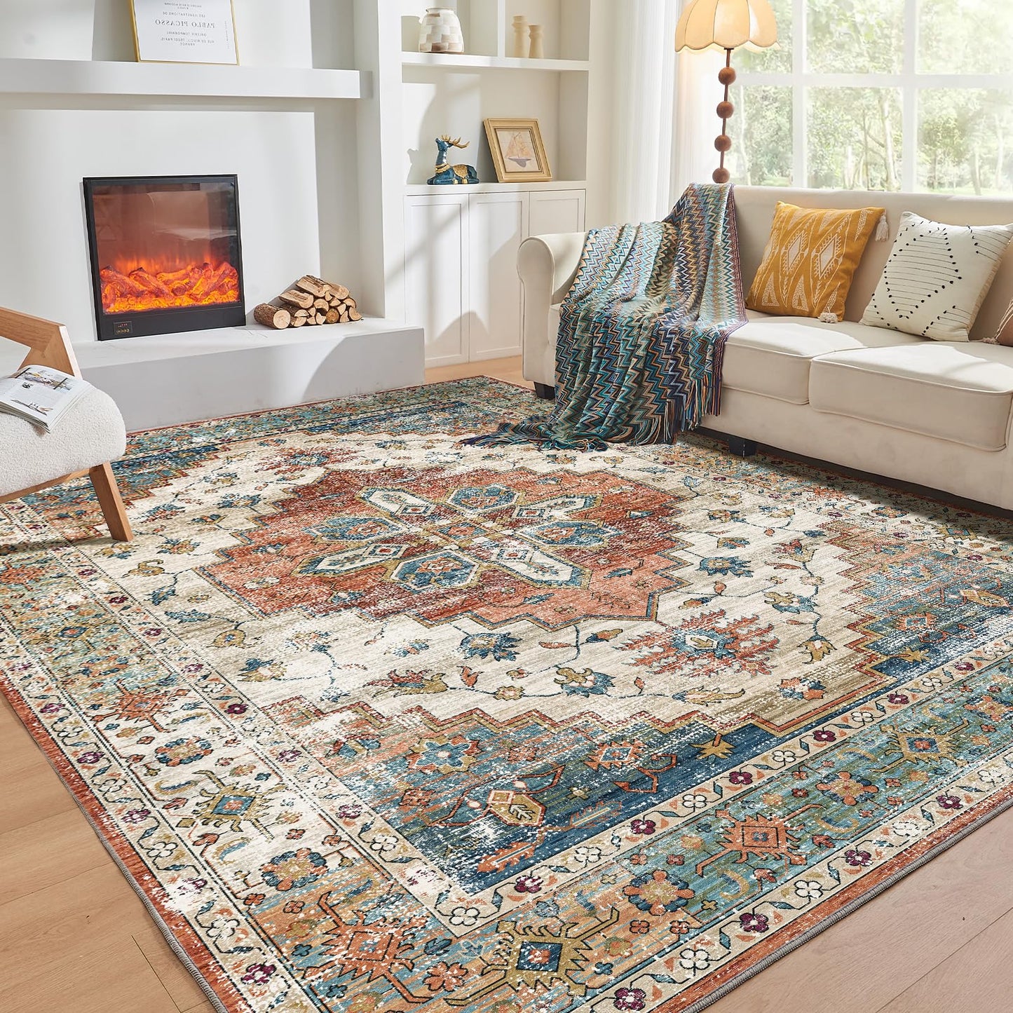 OPPODREAM Soft Area Rugs 5x7, Persian-Inspired Washable Rug, Blue & Gold | Low-Pile Faux Cashmere Surface, TPR Non-Slip Backing, 5 x 7 Carpet for Bedroom, Office, Dorm, Dining Room