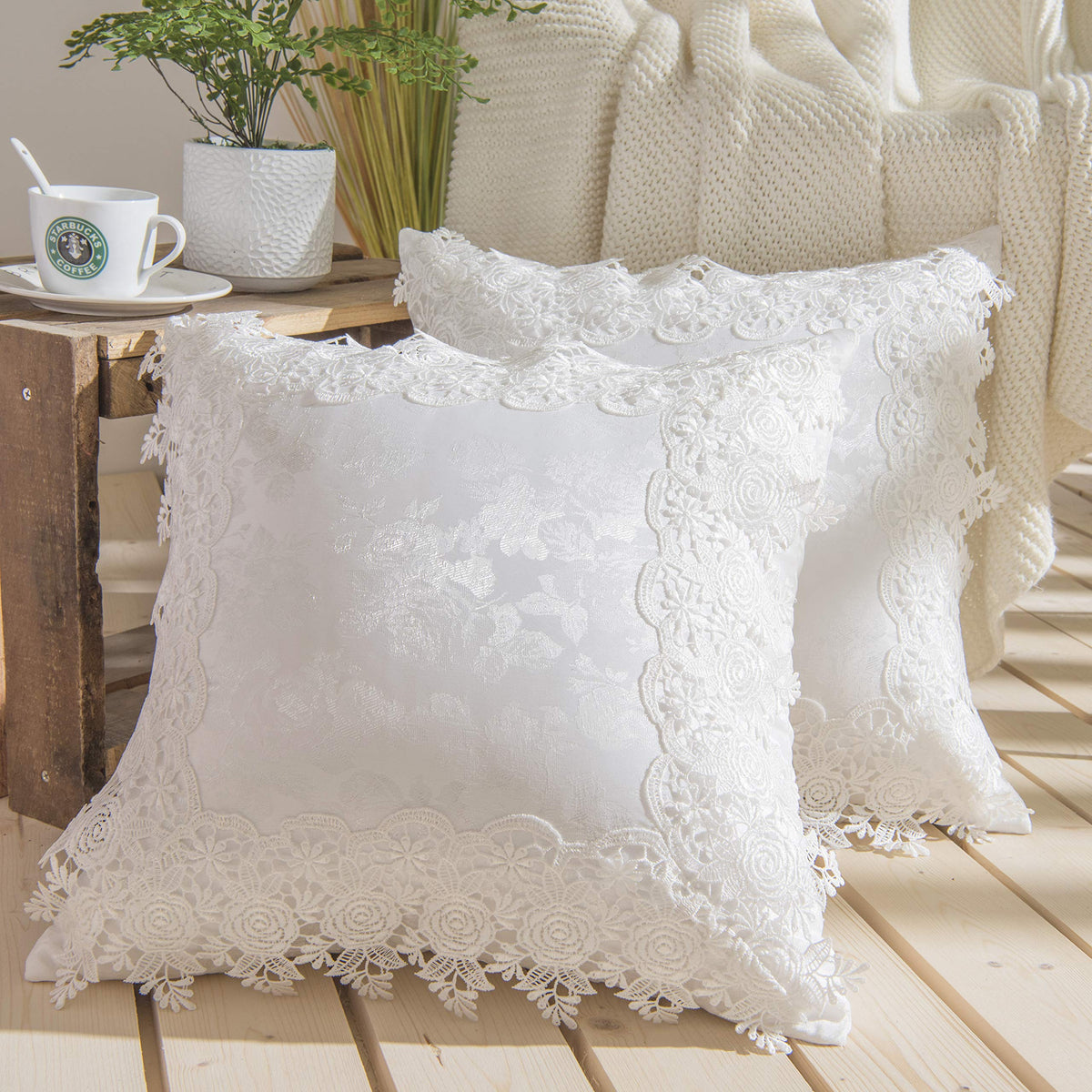 Jacquard Throw Pillow Covers French Cushion Cover Embroidery Lace Throw Pillow Cases for Couch Sofa Farmhouse Home Decoration Square 18 x18 Inch Set of 2 White