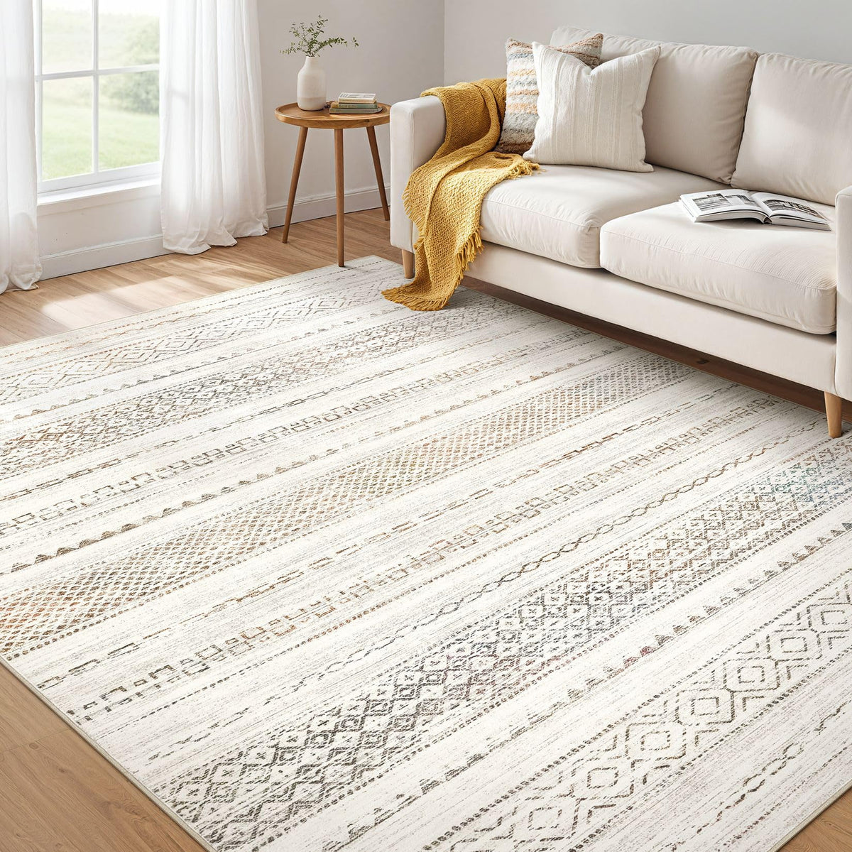 Nakagishi Boho 5x7 Area Rug Living Room Rugs Machine Washable Beige/Brown | Soft, Pet & Kid Friendly, Carpet for Living Room/Bedroom/Office/Kitchen/Nursery, Daily Home Decor Stain Resistant Moroccan