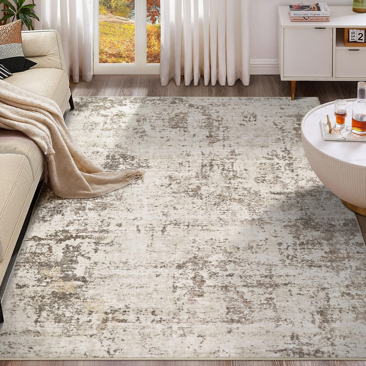 UERMEI 9x12 Area Rug Living Room Rugs - Washable Neutral Modern Abstract Soft Thin Large Rug Indoor Floor No Slip Rug Carpet for Bedroom Under Dining Table Home Office Decor - Brown Grey
