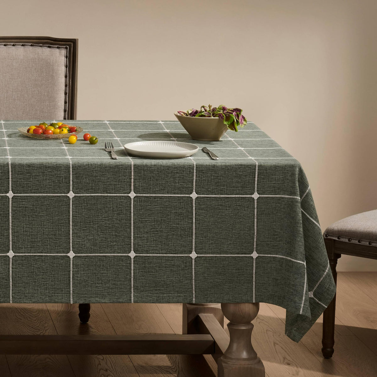 Grid Embroidered Rectangle Hemmed Tablecloths 60x120in, Blue | Heavy Weight Non-sheer Linen Fabric, Mitered Corner Finish, Water Resistant Farmhouse Table Cover, Boho Plaid Home Decor