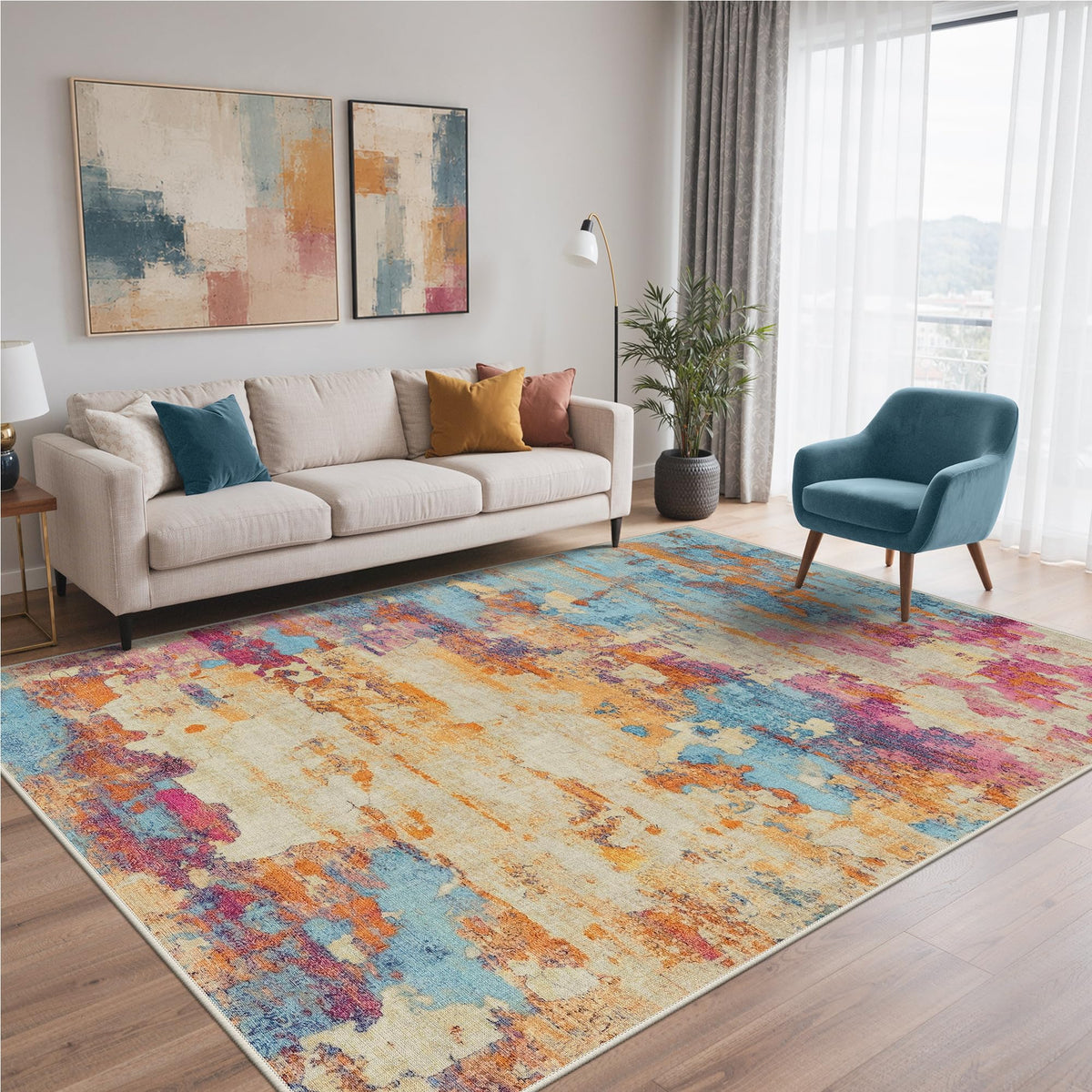 BEIMO 5x7 Green Abstract Area Rug, Washable Non-Slip for Bedroom | Soft Low-Pile Carpet, Lightweight and Easy to Vacuum, Sage Living Rooms, Dining Rooms, Bedrooms, and Home Offices